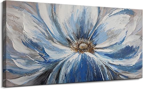 Wijotavic Flores grandes azules y blancas, 30 x 60 pulgadas, parcialmente pintadas a mano, arte de pared para sala de estar, plantas para decoración