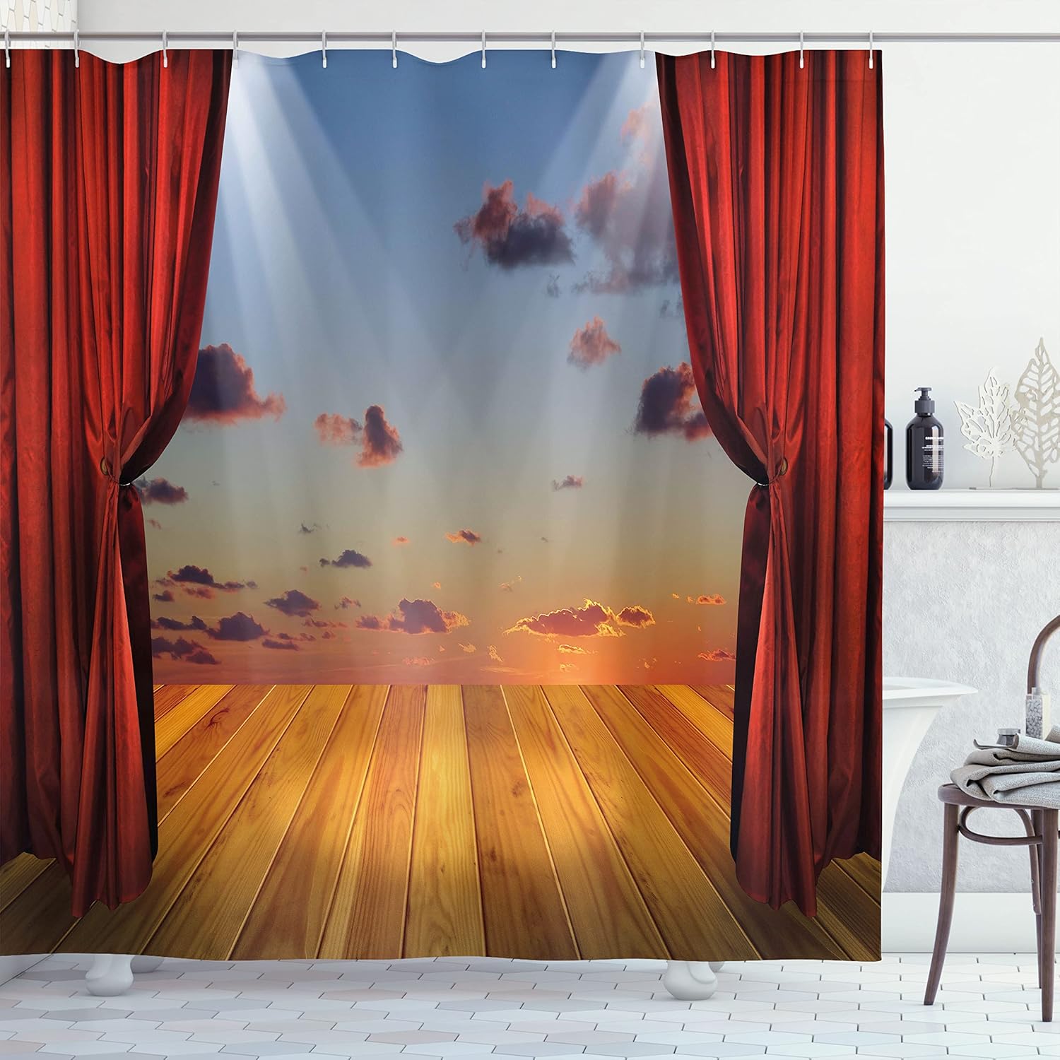 Ambesonne Musical Theatre Shower Curtain, Abstract Dreamlike Fantasy Stage with Drapes Dramatic Cloudy Sunset Sky, Cloth Fabric Bathroom Decor Set with Hooks, 69" W x 70" L, Multicolor