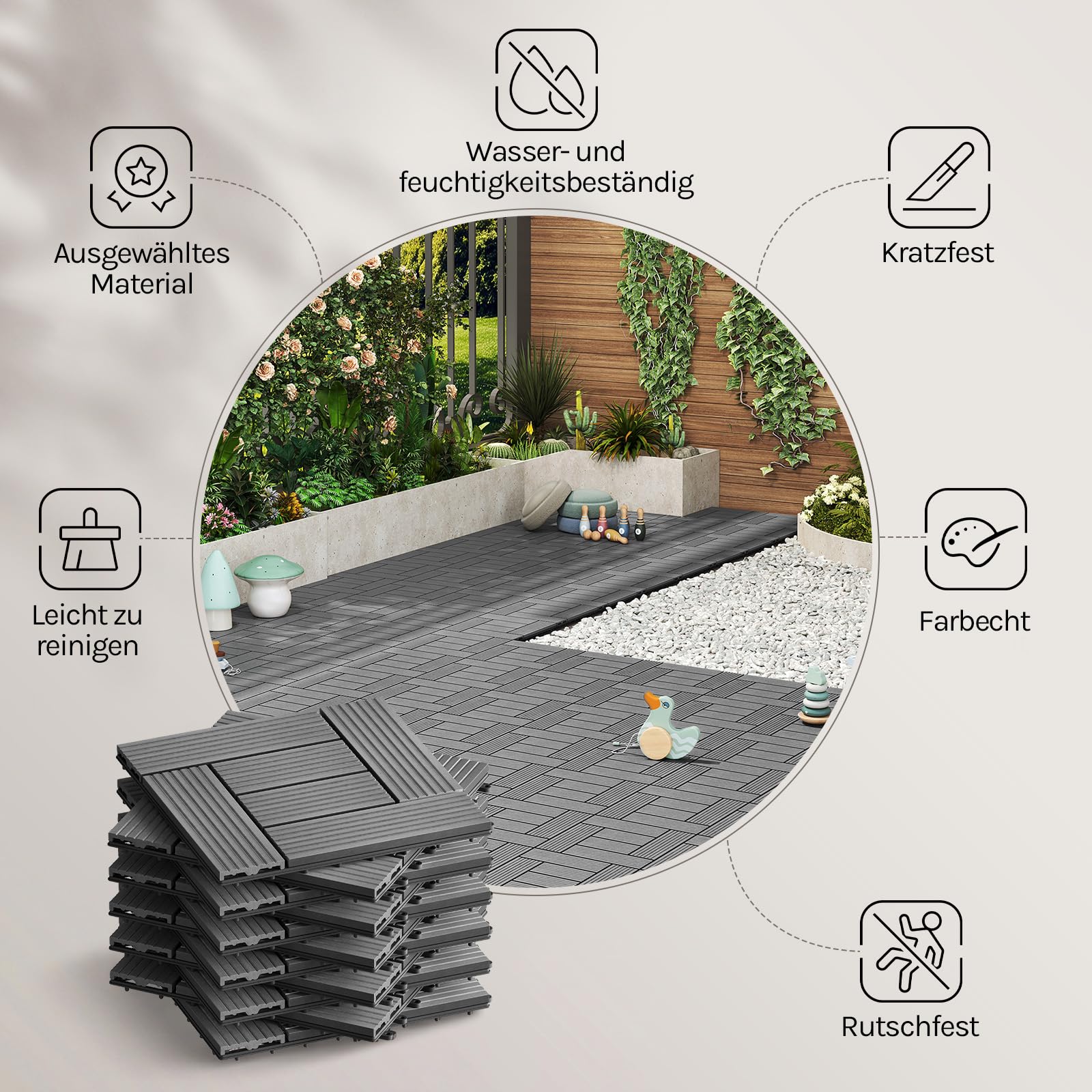 WOLTU WPC Terrassenfliesen Holzoptik, Hellgrau (22 Stück / 2 m²) | Premium WPC ohne Verwitterung, rutschhemmend, Klickverbindung ohne Werkzeug, für Garten und Terrasse nutzbar, langlebig