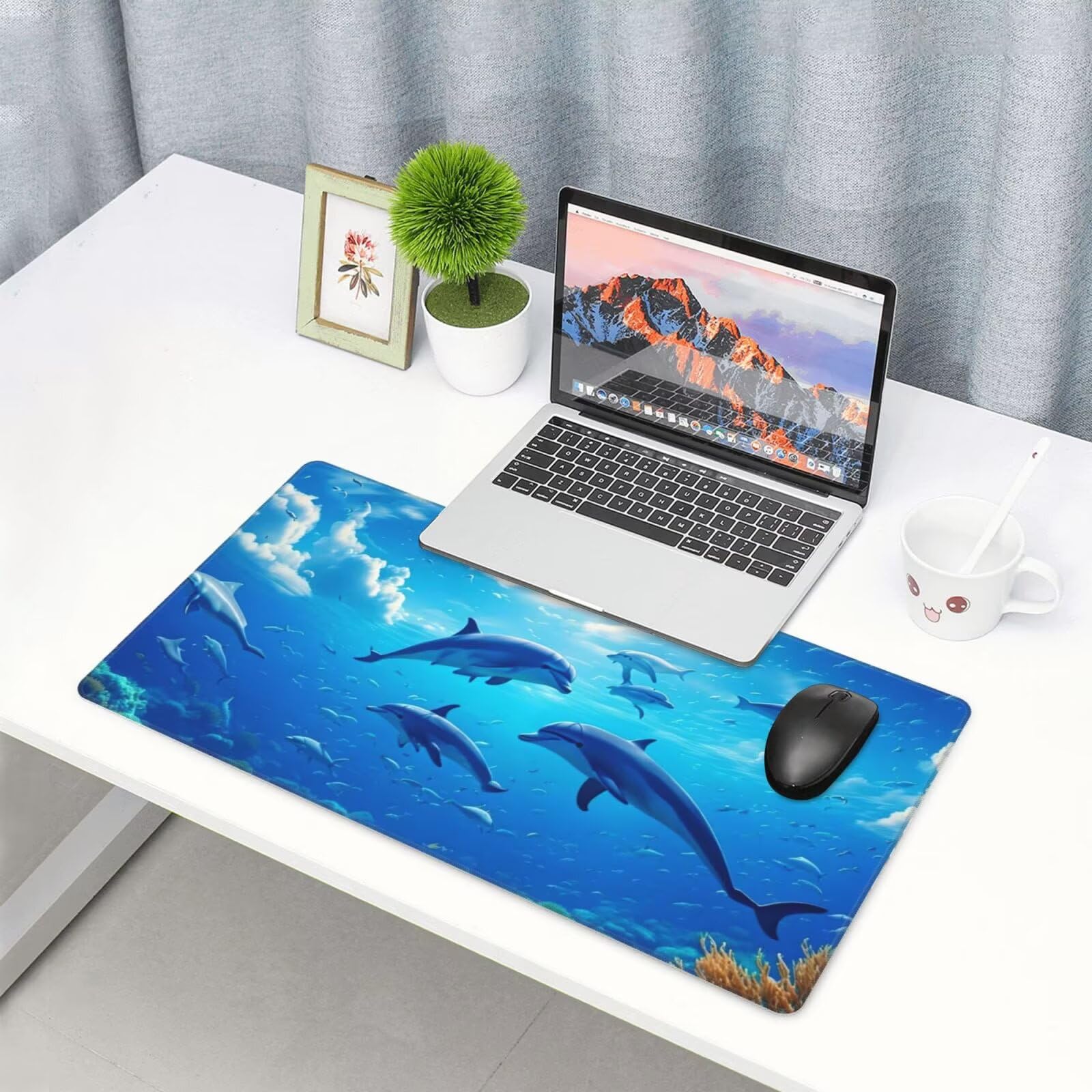 Gamingowa podkładka pod mysz XXL 1200 x 600 mm, niebieska podkładka pod mysz, delfin, duża, 120 x 60 cm, rozszerzona podkładka na biurko, akcesoria gamingowe z przyszytymi krawędziami dla poprawy