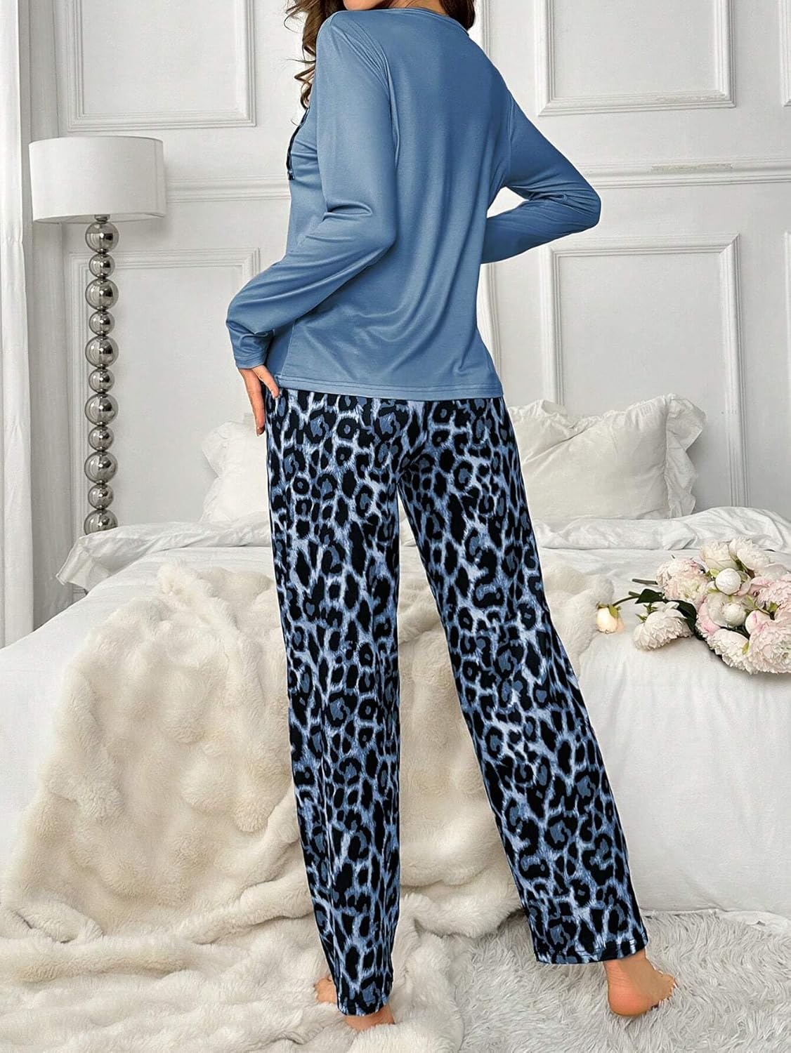 ZAFUL Women's Leopard Print Pajama Set Long Sleeve T-Shirt And Pants Pjs Sleepwear 2 Piece Lounge Set - Image 2