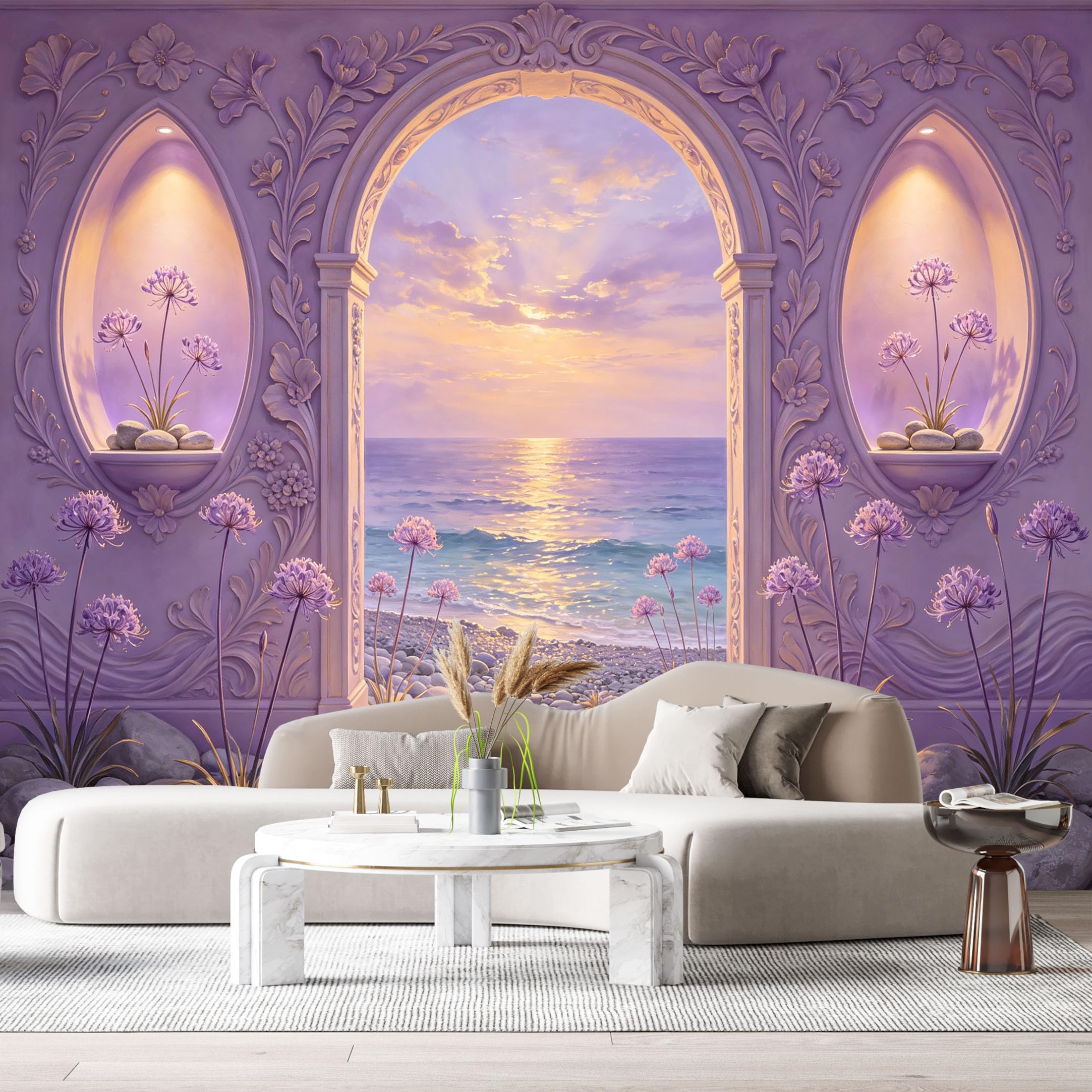 Custom Size Wall Murals Lavender Coastal Archway Purple Flowers Seascape Watercolor 3D Trompe L'Oeil SelfAdhesiveWall Fabric Removable Wallpaper Wall Decor for Living Room Bedroom Bathroom