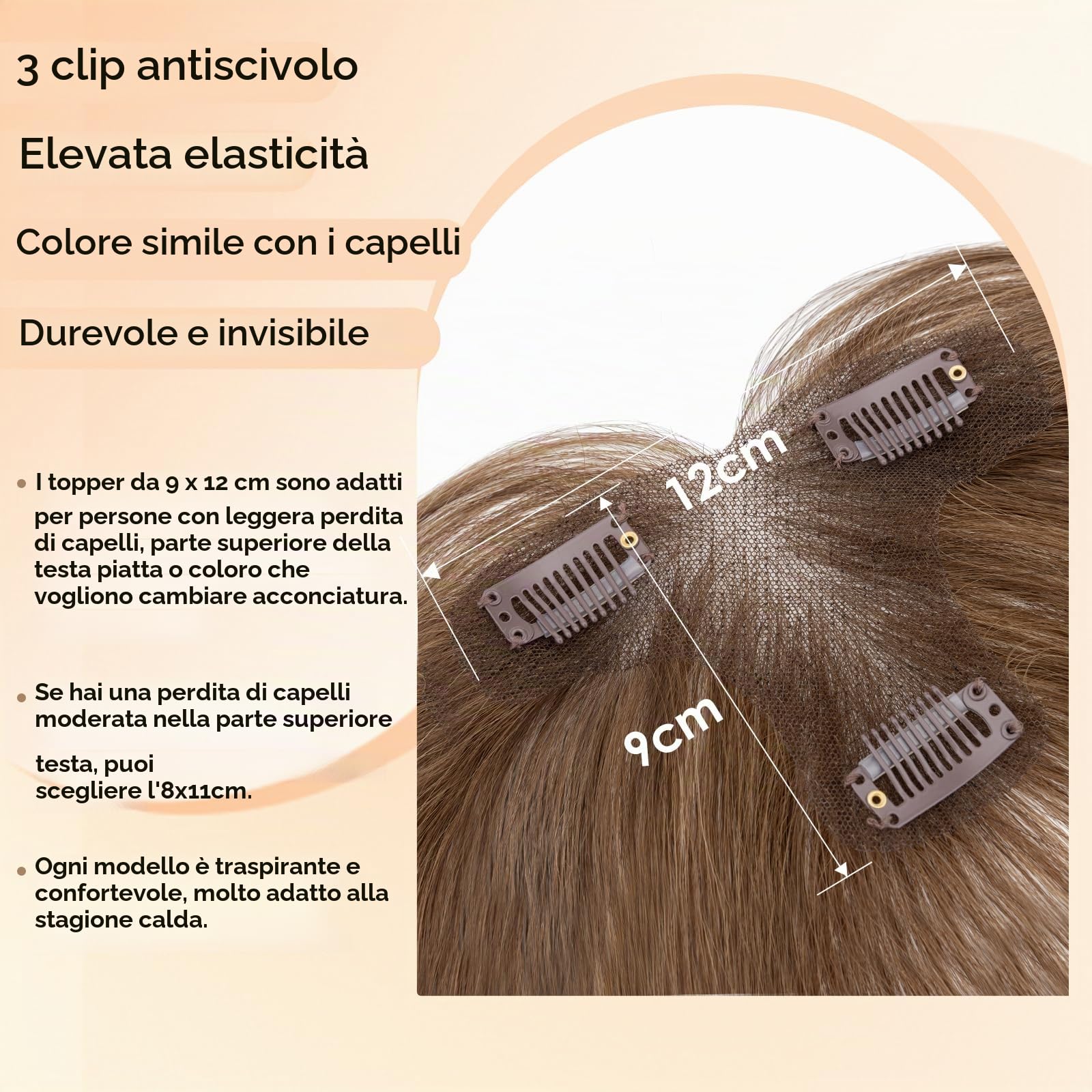 S-noilite Topper Capelli Umani per Donne, 13g Capelli Veri Frangetta Laterale, 27CM Frangia a S Fermaglio per Capello, Capello Umani Toppers con 9x12CM Base in Pizzo per Diradati, Castano Medio #4