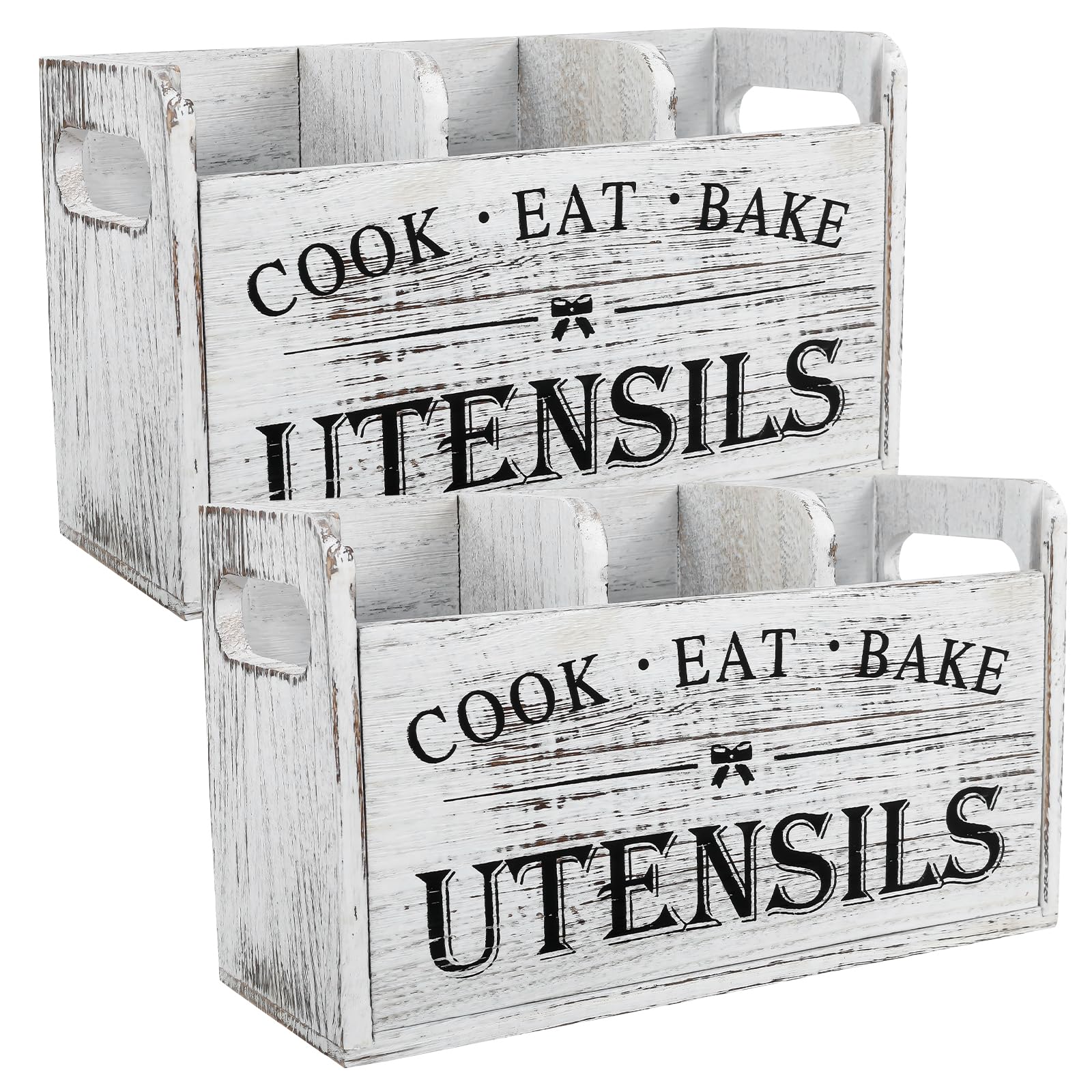 Rhaiqbvc White 2Pcs Kitchen Utensils Holder, Kitchen Cooking Utensil Organizer With 3 Compartment And Drainage Bottom ,Wooden Cooking Tools Storage For Countertop, Farmhouse Decor ,27×10.5×15.5 Cm
