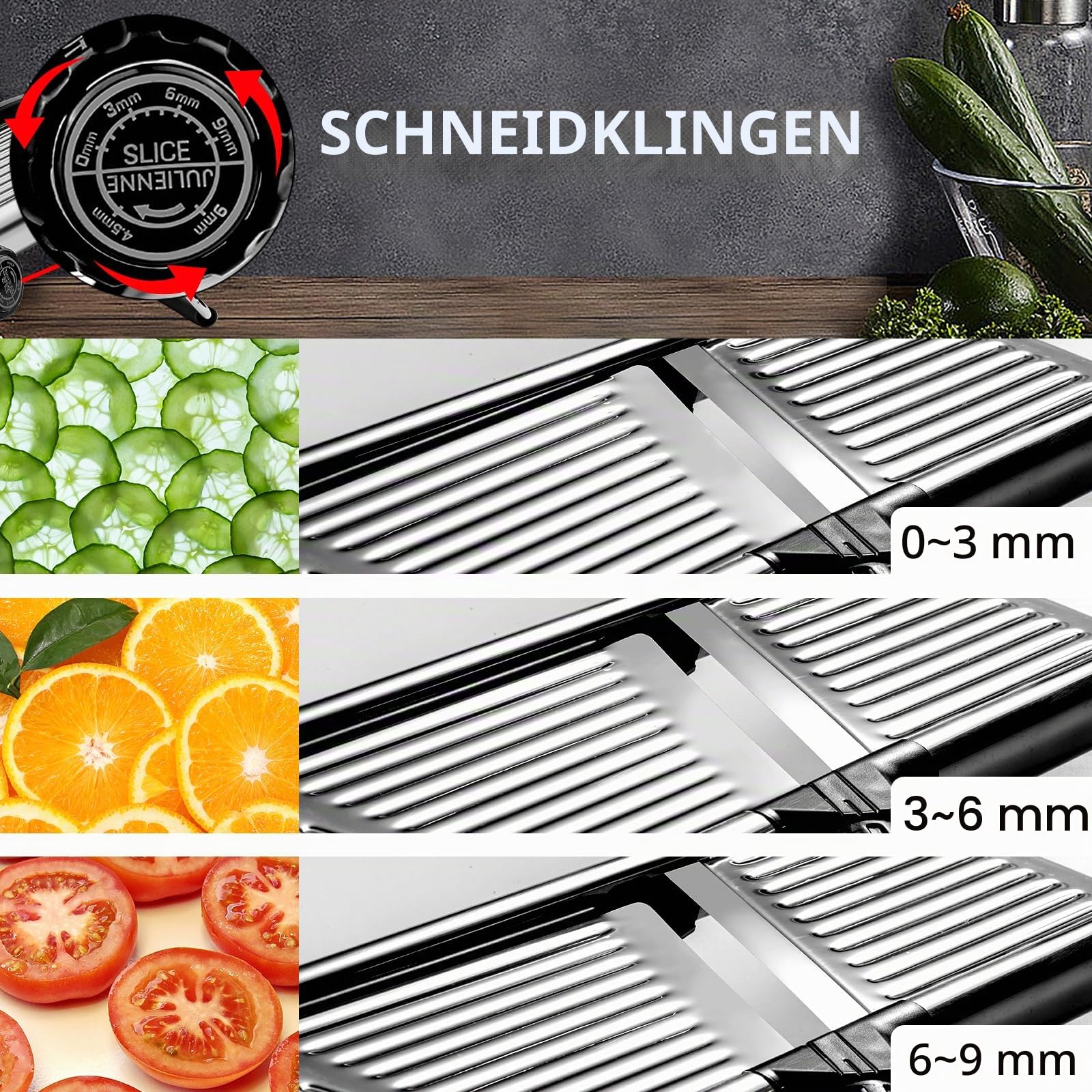 Mandolinenschneider, Gemüsehobel für Küche, Mandoline, Kartoffelhobel, Gemüseschneider, verstellbarer Edelstahl, Gemüse, Zwiebeln, Tomaten, Julienne-Schneider mit schnittfesten Handschuhen (Silber)
