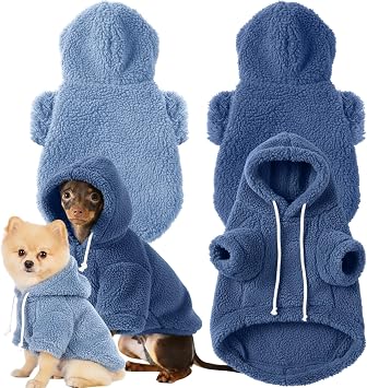 Reginary 2 Pcs Fuzzy Small Dog Hoodie Winter Dog Sweaters Double-Sided Plush Warm Soft Hooded Puppy Pet Sweatshirt Clothes CoatsS Weight4.5-6.5lb,Dark and Light Blue