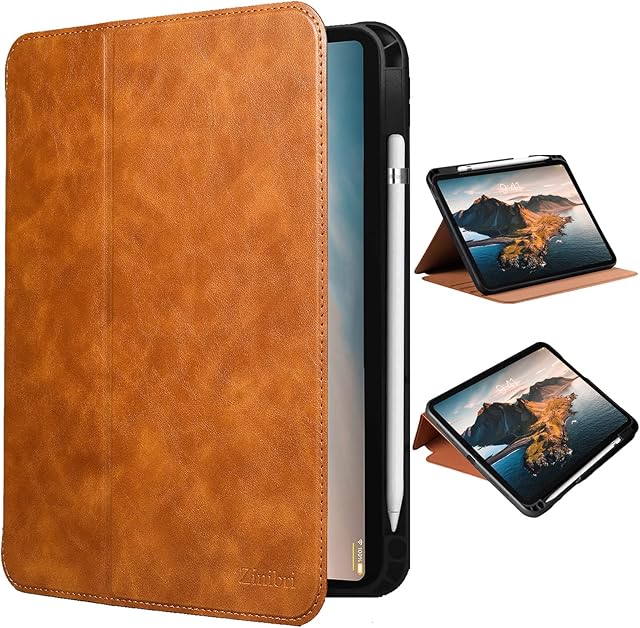 Zinibri Cover for iPad 10th Generation Case 10.9 Inch 2022,A2696,A2757,A2777,iPad 10 Gen Protective Case,Multiple Angles,Shockproof,Vintage PU Leather,Thin,Stand,Support Touch ID,Brown