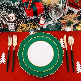 WDF 30Guest Christmas Plates Disposable - Gold Plastic Silverware With Green Handle - Baroque Green &Gold Plastic Dinnerware for Christmas Plates Party