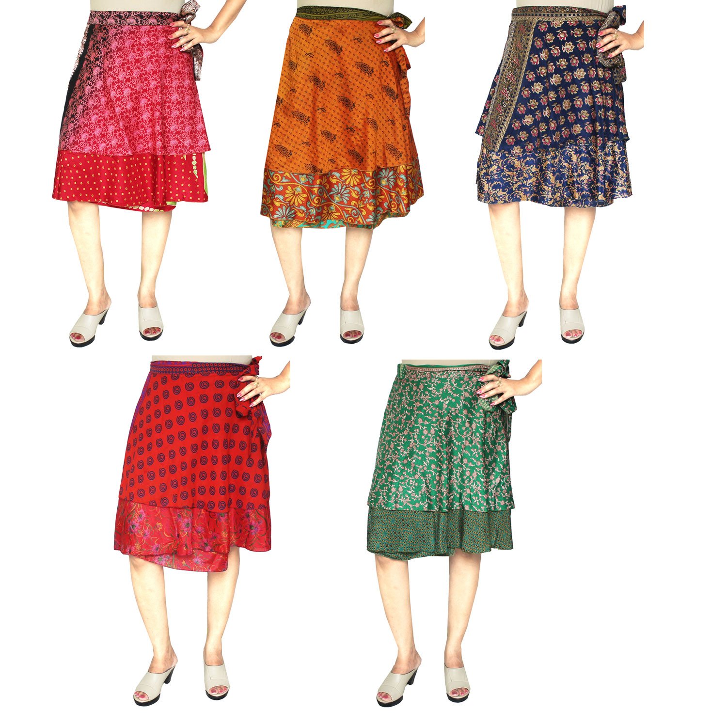Maple ClothingWholesale 5 Pcs Lot Two Layers Women's Indian Sari Magic Wrap Short Skirt