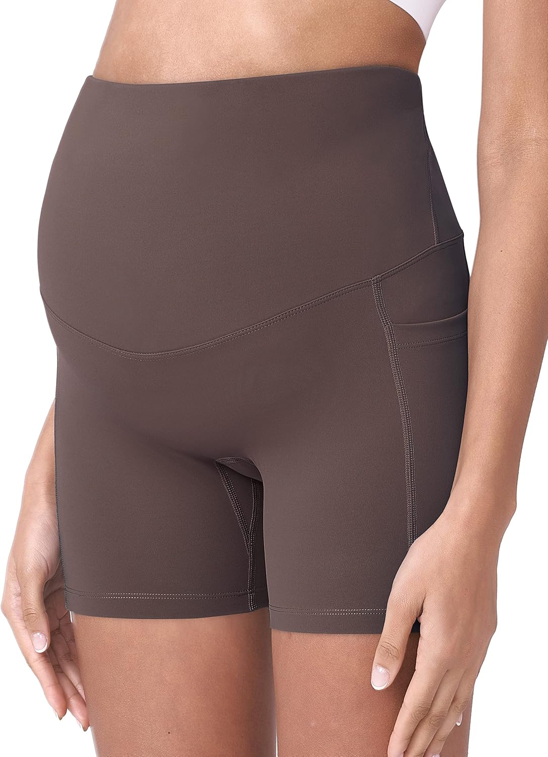 POSHDIVAH Women's Maternity Yoga Shorts Over The Belly Bump Summer Workout Running Active Short Pants with Pockets 5"/8" - Image 4