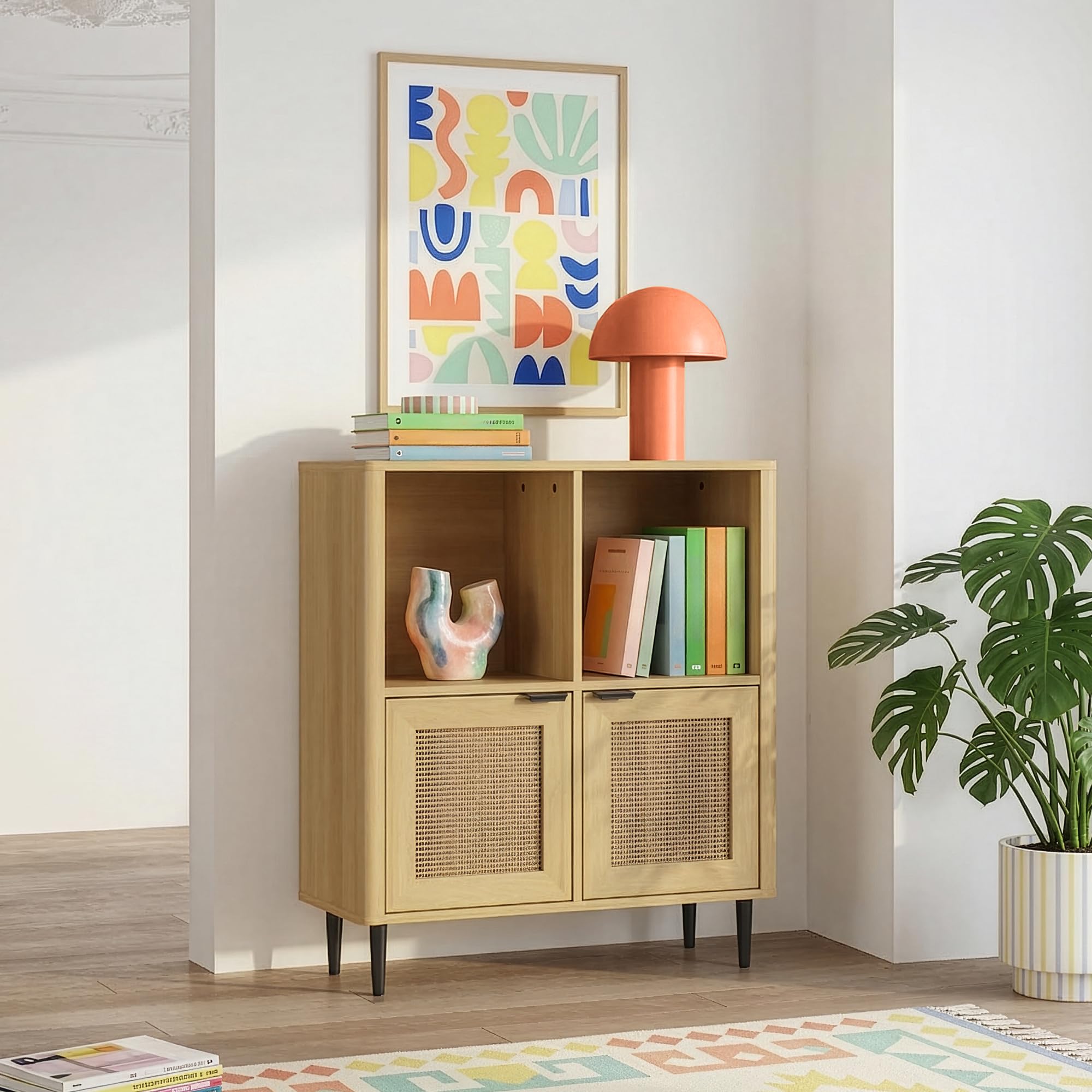 [en.casa] Mobile Contenitore Multiuso a 2 Ante Credenza con 4 Vani Portaoggetti Scomparti Chiusi Aperti per Soggiorno Camera da Letto Ingresso Studio 85 x 75 x 30 cm - Effetto Rovere/Rattan