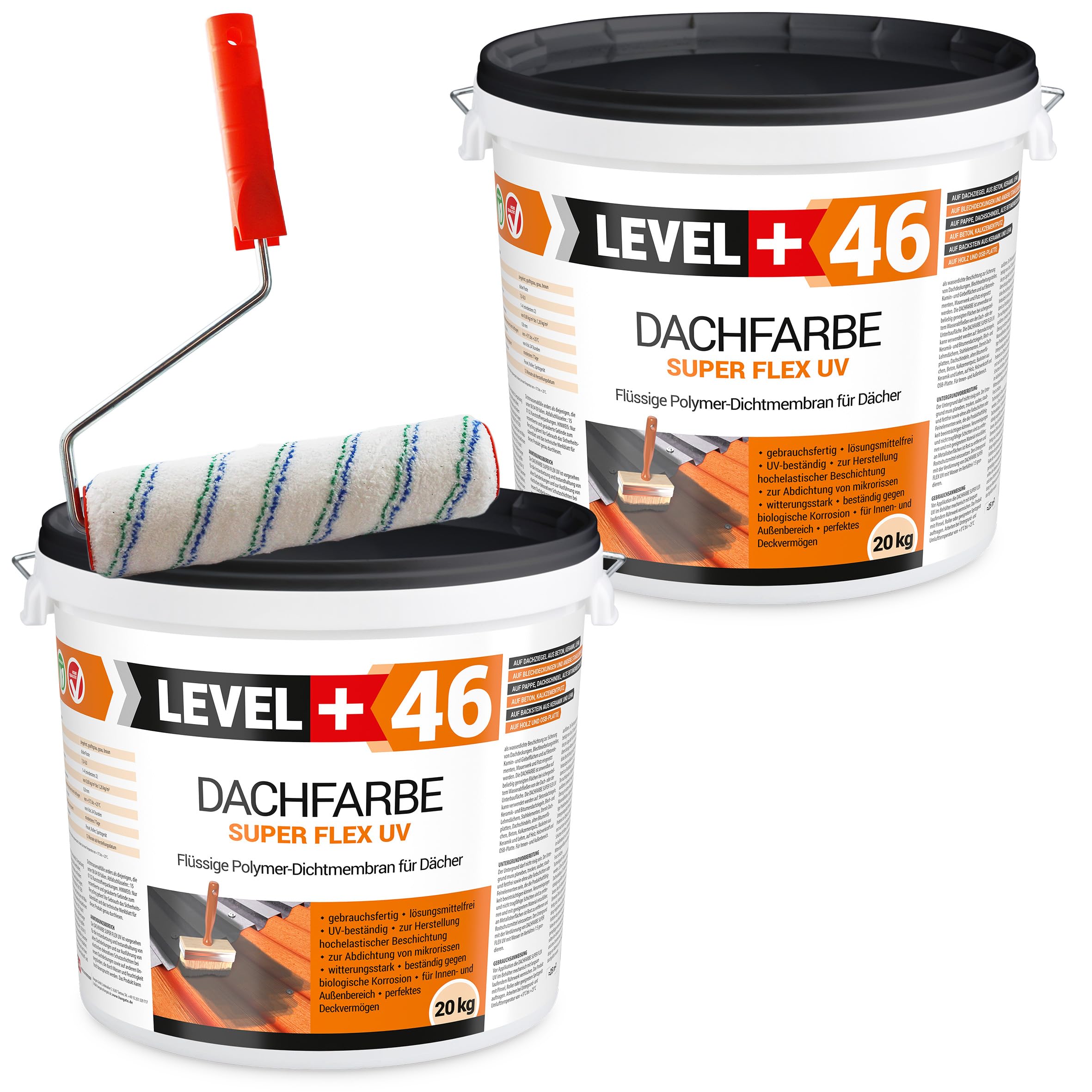 Dachfarbe 40kg Braun, Sockelfarbe, Dachlack, Dachsanierung, Flexibler Polymermembran Wetterbeständig + Farbroller 25cm Mikrofaser mit Bügel Set RM46