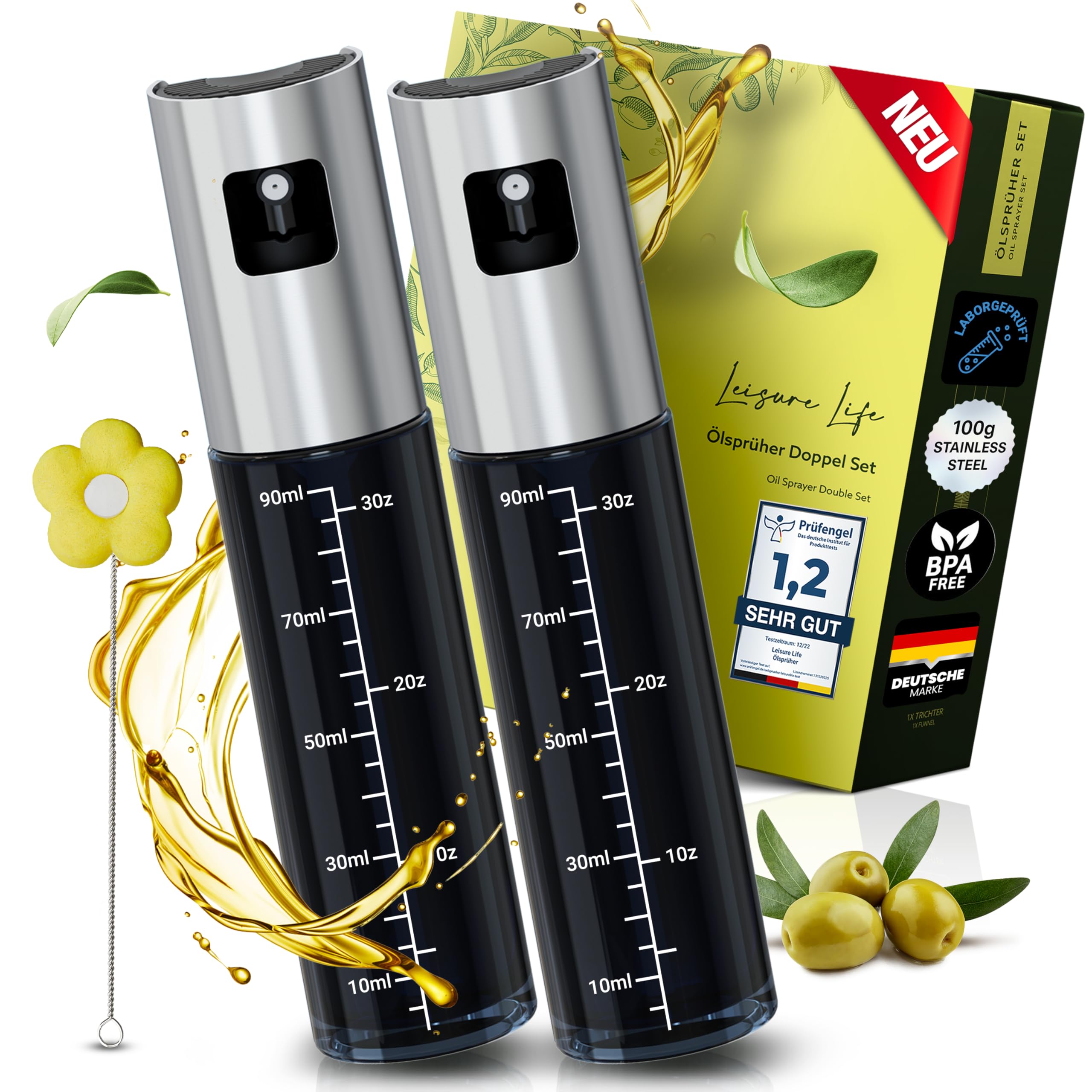 Leisure Life® | NEUEINFÜHRUNG | 2er Set Ölsprüher | 1 mm Edelstahlmantel | UV-Schutzglas | BPA-frei | 100 ml Ölzerstäuber für Olivenöl & gesundes Kochen (Obsidian Black & Obsidian Black – UV)