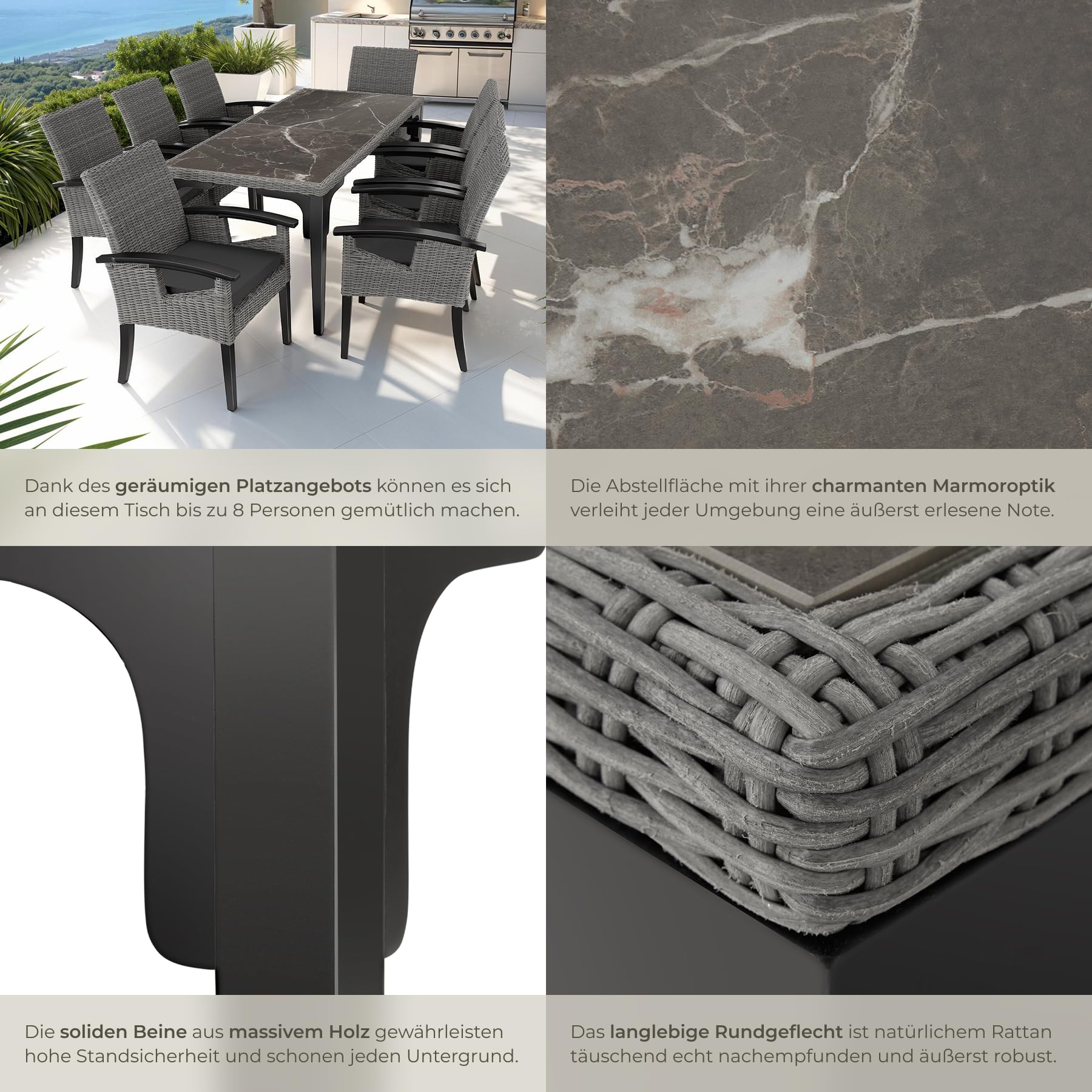 tectake® Alu Rattan Tisch, Esstisch für Outdoor Küche, Terrasse, Wohnzimmer mit Tischplatte in Marmor Optik, Gartentisch, Balkontisch 196 x 87 x 76 cm, 2 abnehmbare Platten, wetterfest - grau