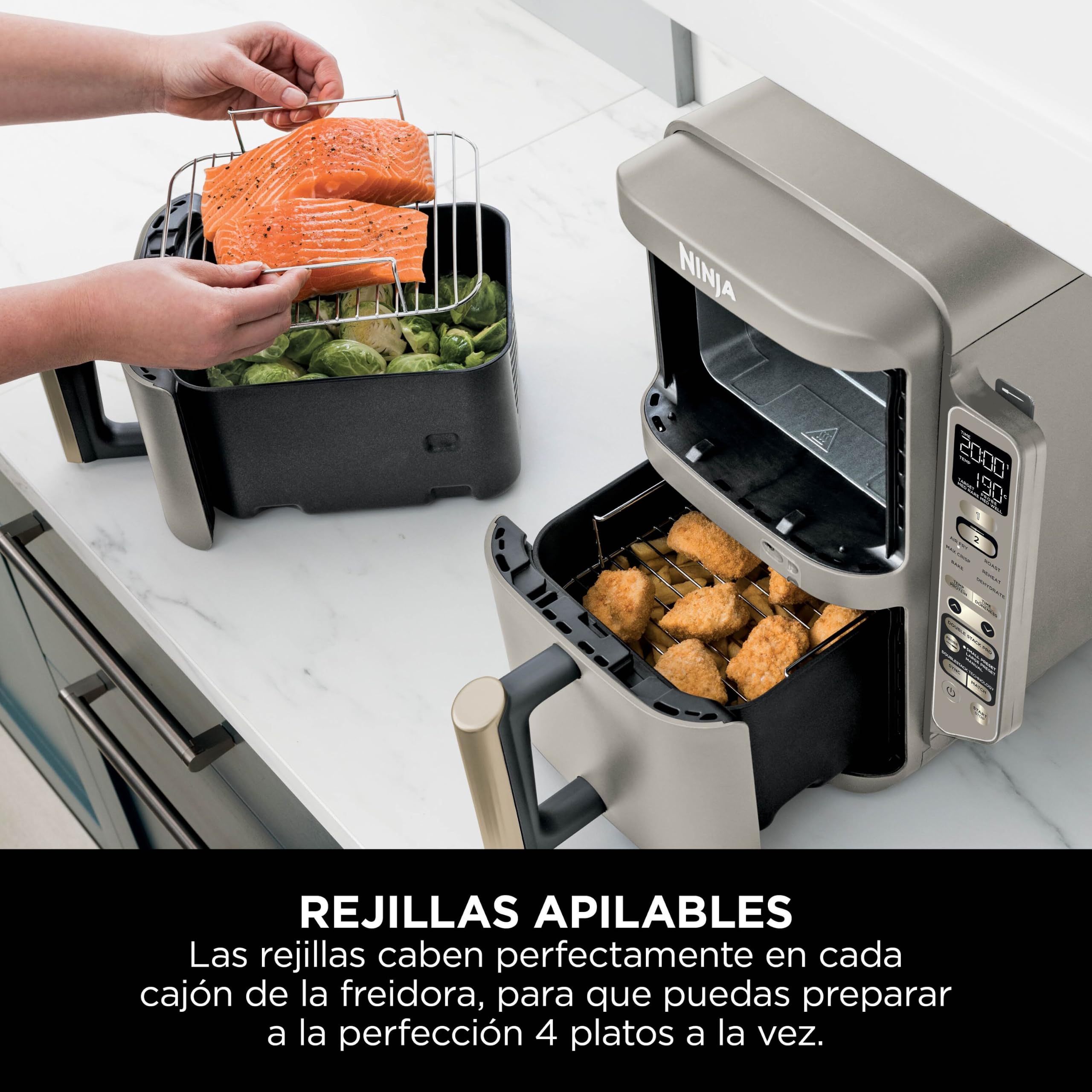 Ninja Double Stack XL, Freidora de Aire, 9,5L, Piedra Dorada, SL451EUSD | Freidora de Aire Vertical de Doble Cajón, 4 Niveles de Cocción, 2 Rejillas, con Sensor Digital de Cocción