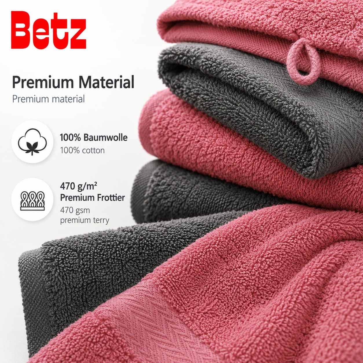 Betz set di 10 asciugamani Premium 100% cotone 2 teli doccia 4 asciugamani 2 asciugamani per ospiti 2 guanti da bagno colore antracide e rosa antico