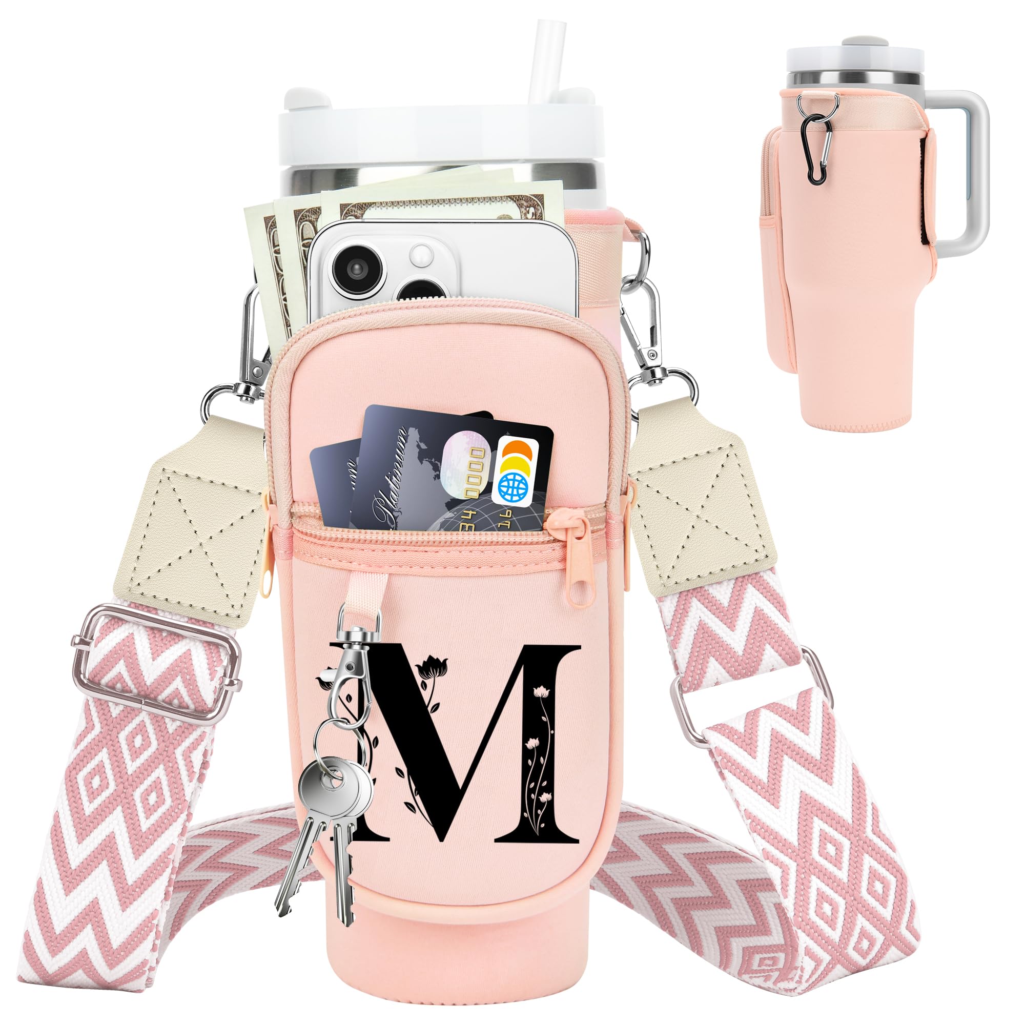 Initial Water Bottle Holder with Strap for Stanley Cup 40 oz Tumbler