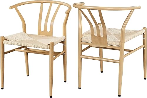 Topeakmart Juego de 2 sillas de comedor de tejido de tejido moderno, marco de metal, silla de acento de tela, color madera