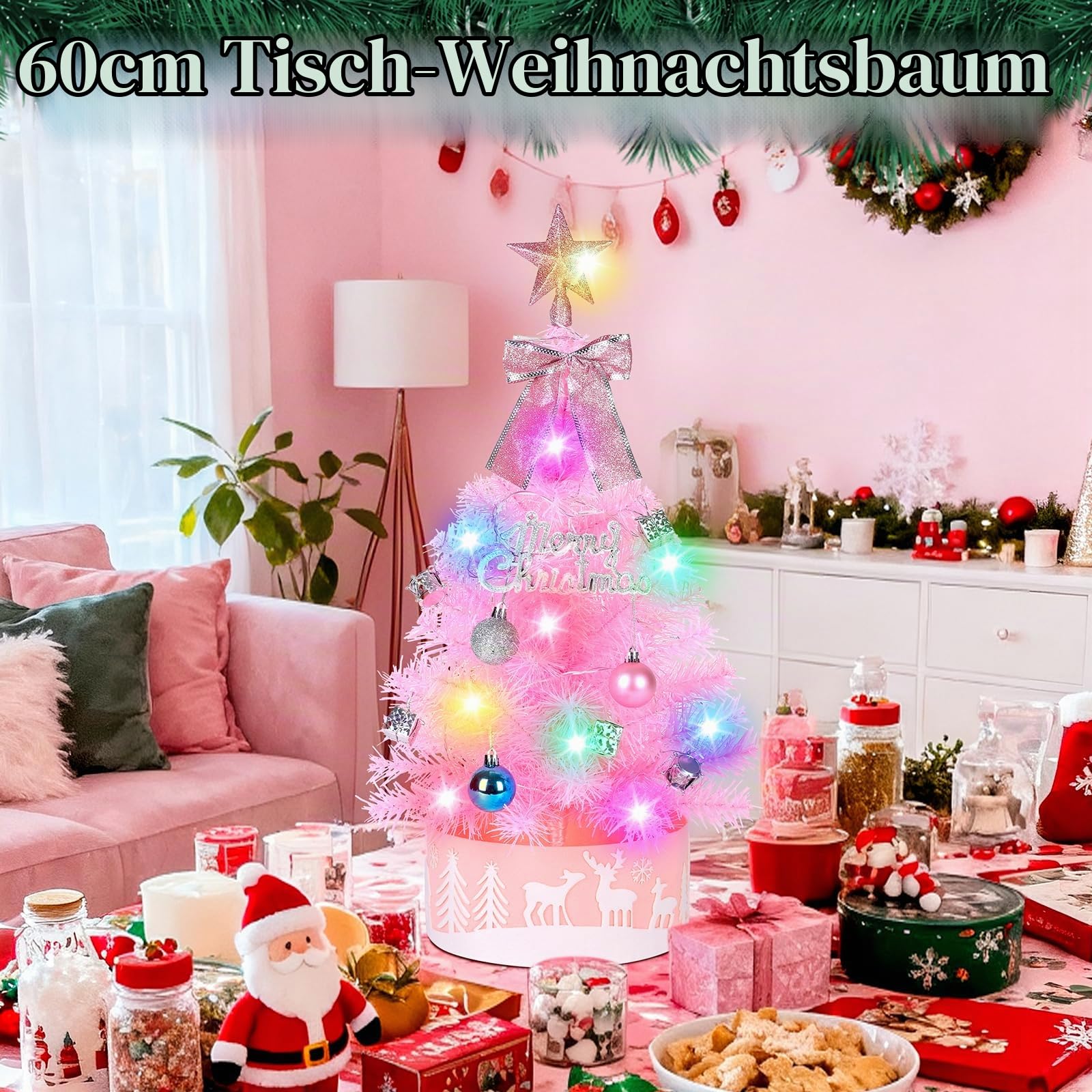 60cm Pinker Künstlicher Weihnachtsbaum mit Bunten LED-Lichtern - DIY-Deko-Set inkl. Sternspitze, Schleife, Baumrock, Trommeln & Geschenkboxen - Rosa Tischbaum für Mädchenzimmer & Homeoffice