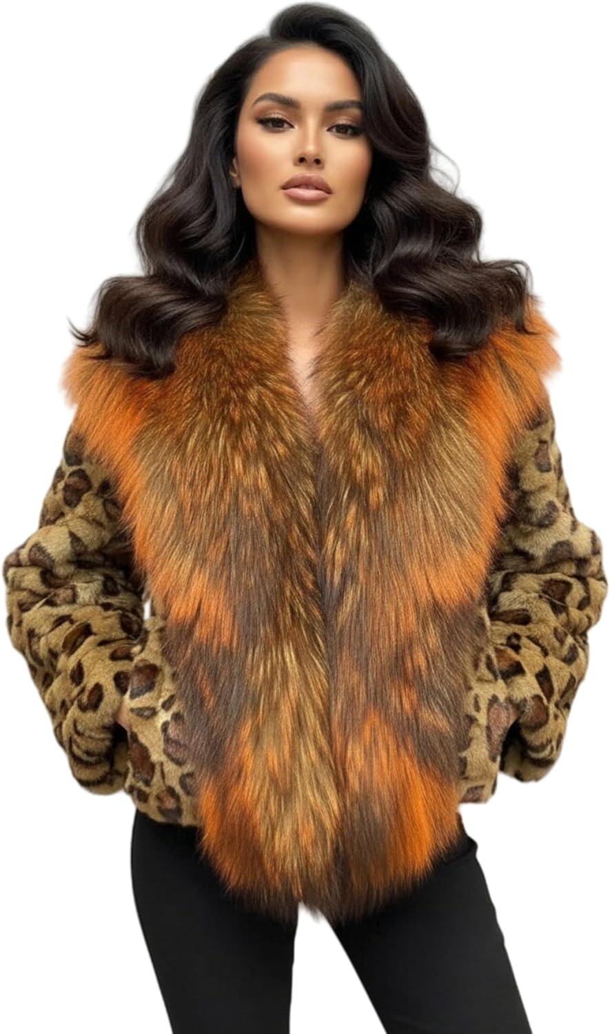 Women Real Mink Fur Leopard Coat with Big Genuine Raccoon Fur Collar Front