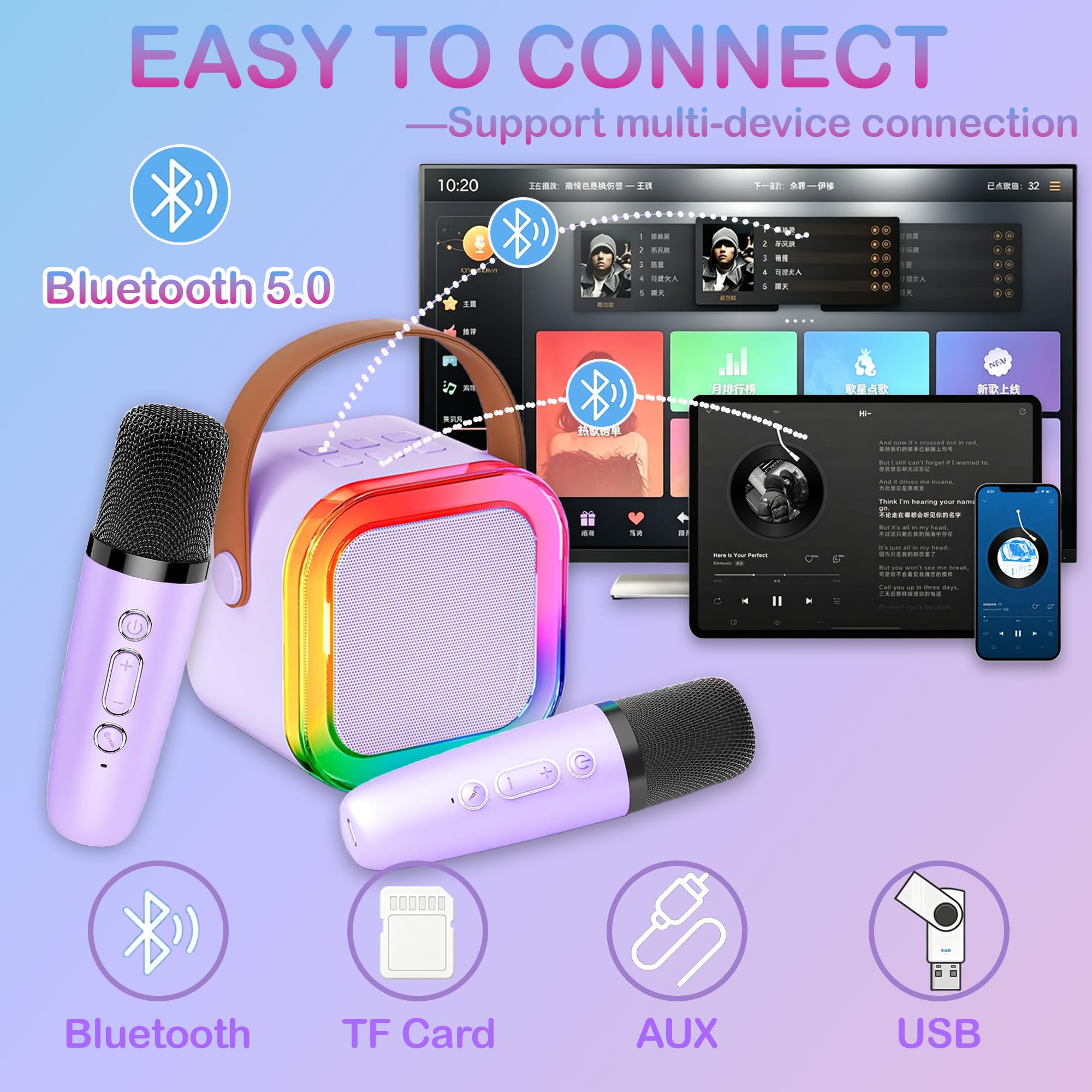 Chennyfun Macchina Karaoke con 2 Microfoni Wireless Bluetooth 5.0 Altoparlante Portatile Luci LED Effetti Vocali