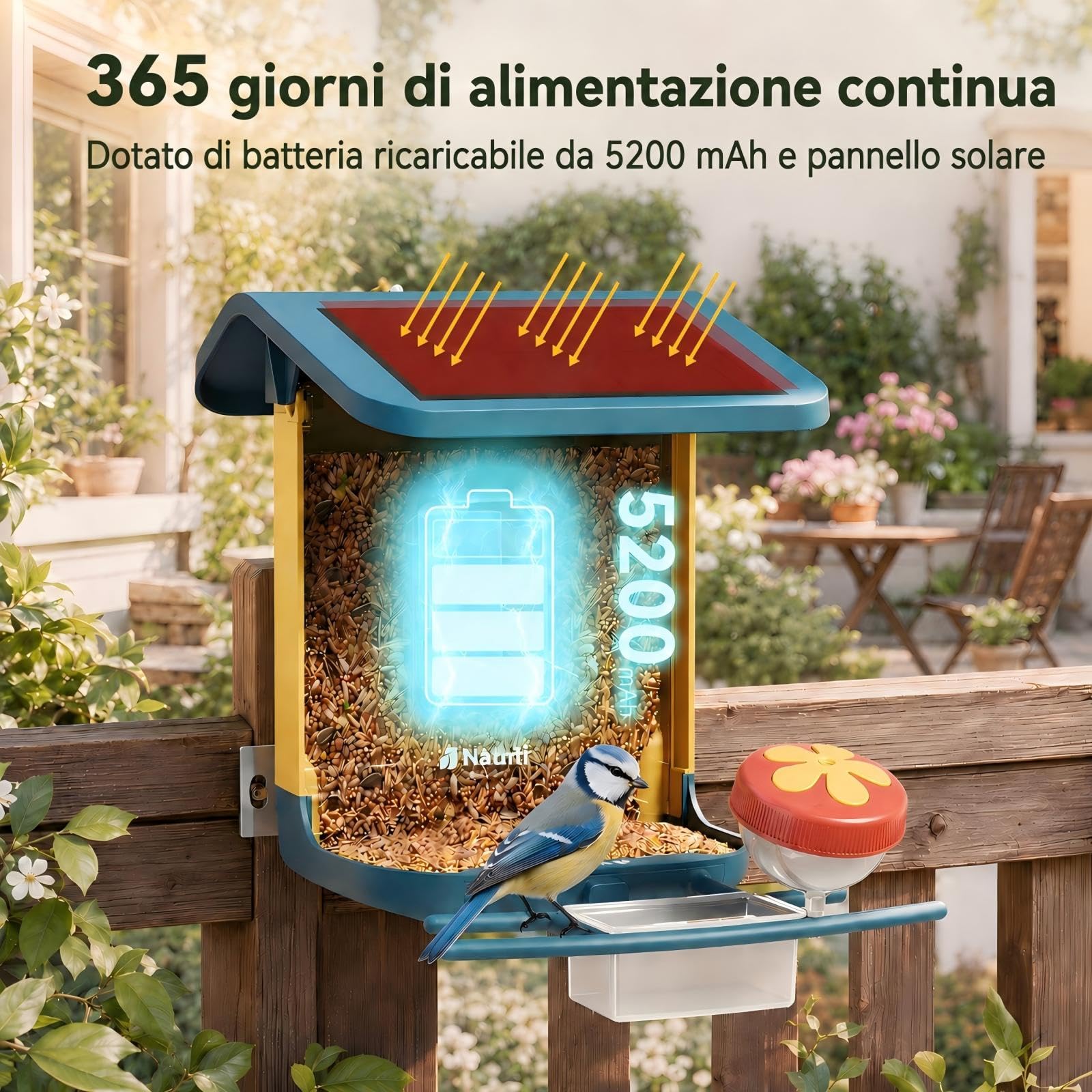 Mangiatoia intelligente per uccelli 2K con fotocamera, alimentazione solare, AI identifica oltre 10.000 uccelli, capacità 1,8 l, impermeabile IP65