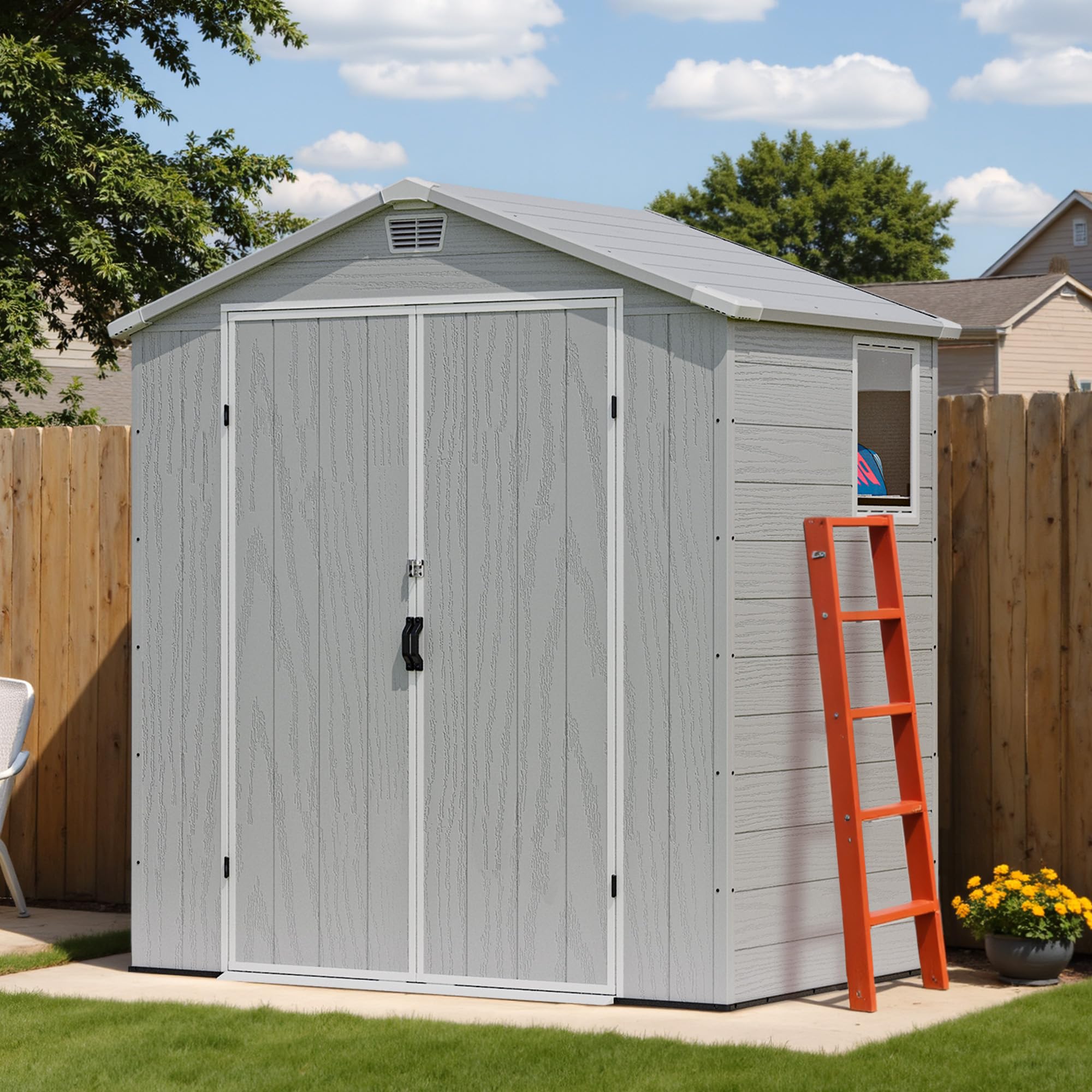 Devoko 6x4 FT Plastic Outdoor Storage Shed - Lockable Resin Tool Shed with Window &amp; Floor - Easy Assembly for Garden, Backyard