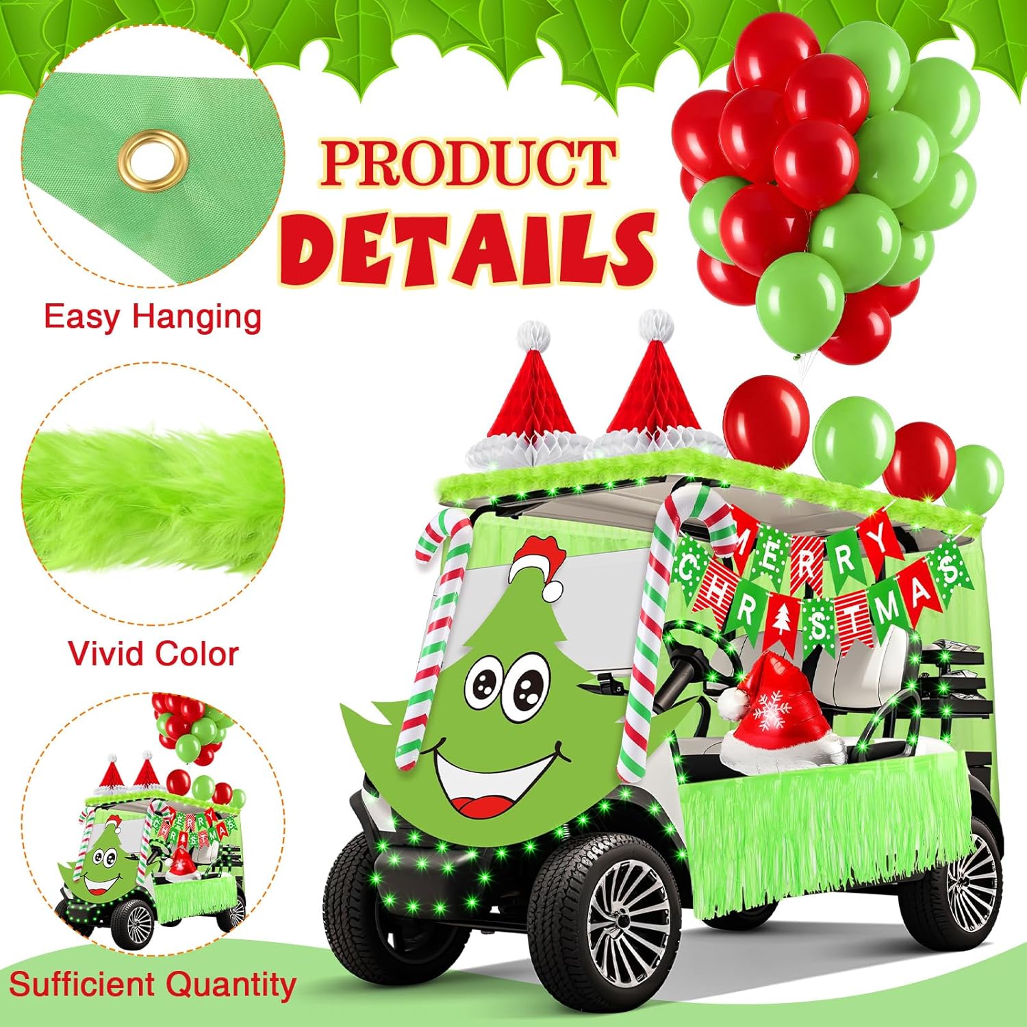 Soulchen 73 Pcs Green Christmas Golf Cart Decorations Elf Xmas Themed Decor Kit Red Green Balloons Foil Tinsel Elf Backdrops Curtain Light String for Christmas Golf Cart Party Supplies Decor
