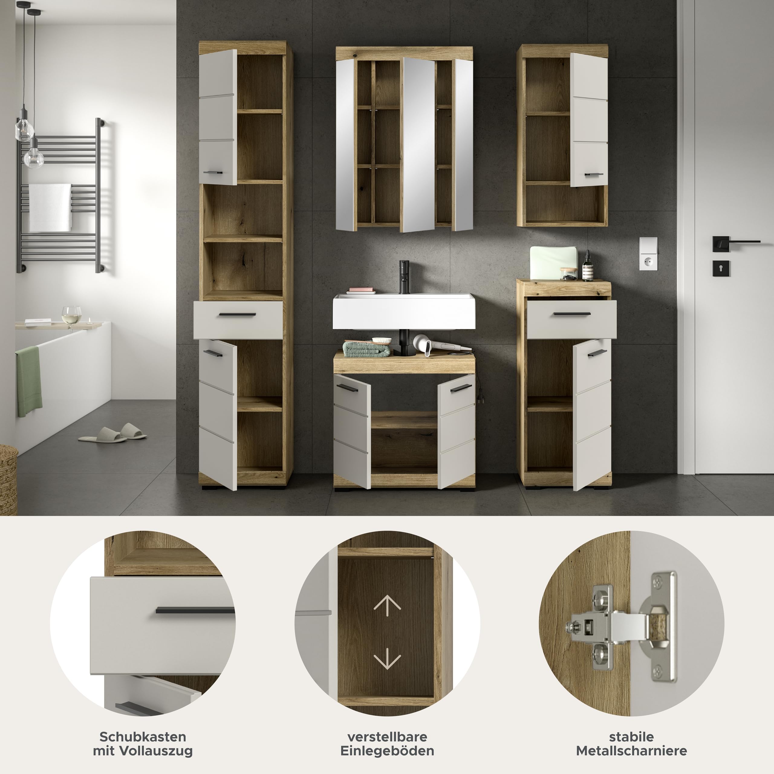 xonox.home – Badkombination Scout 164x191x34 cm in Evoak Oak und Kaschmir Nachbildung matt – Breites Badmöbel-Set mit klarer Formensprache – modern – Bild 7