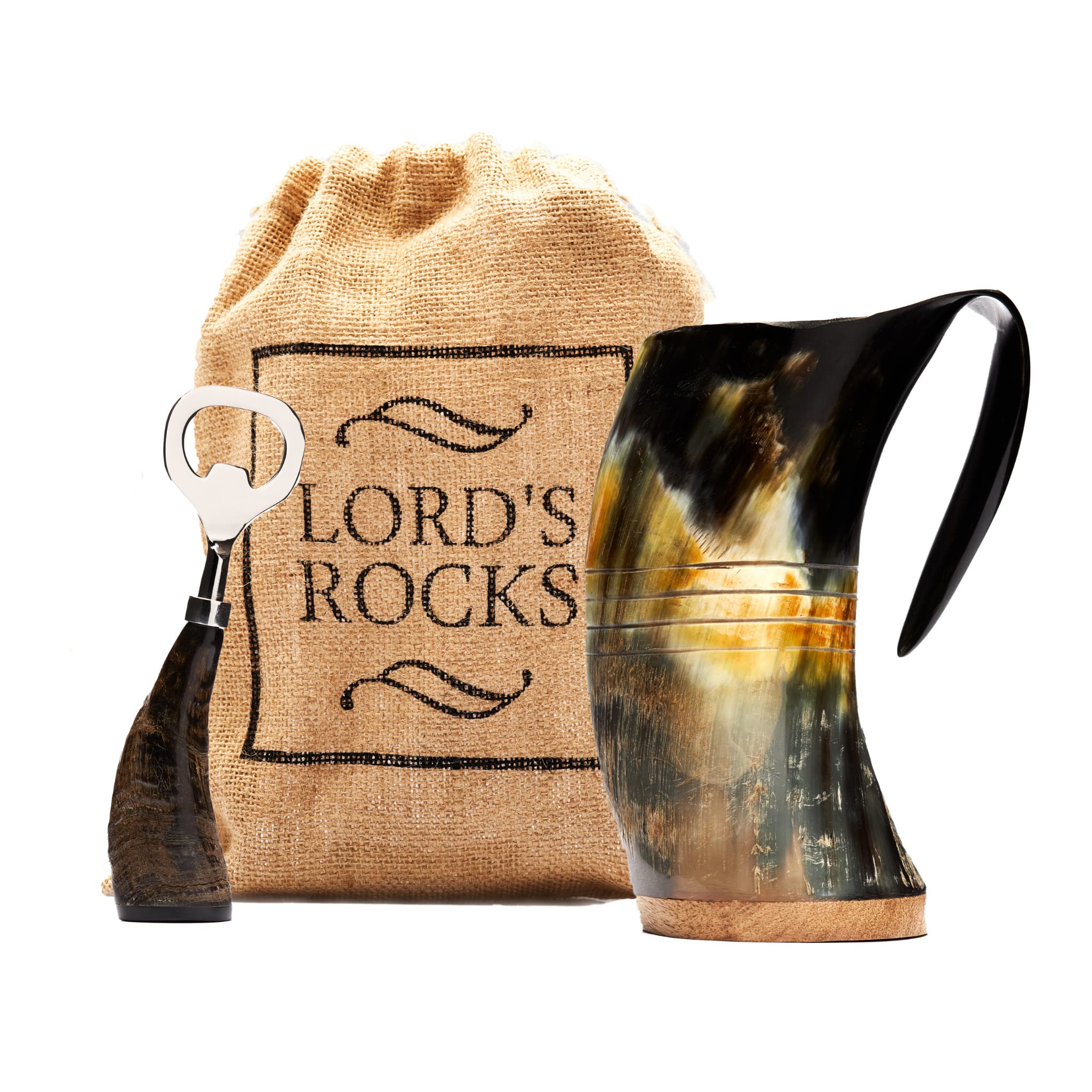 Viking Drinking Horn Mug by Lord's Rocks | 20-Ounce Beer Stein with Medieval Burlap Jute Bag and Bottle Opener | Authentic Handmade Oxhorn Tankard for ...