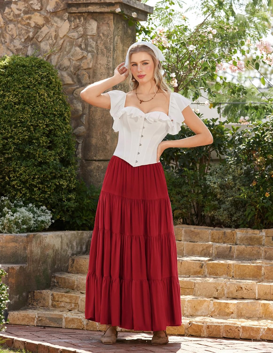 Scarlet Darkness Long Skirts for Women Flowy Boho Tiered Renaissance Maxi Skirt with Pockets