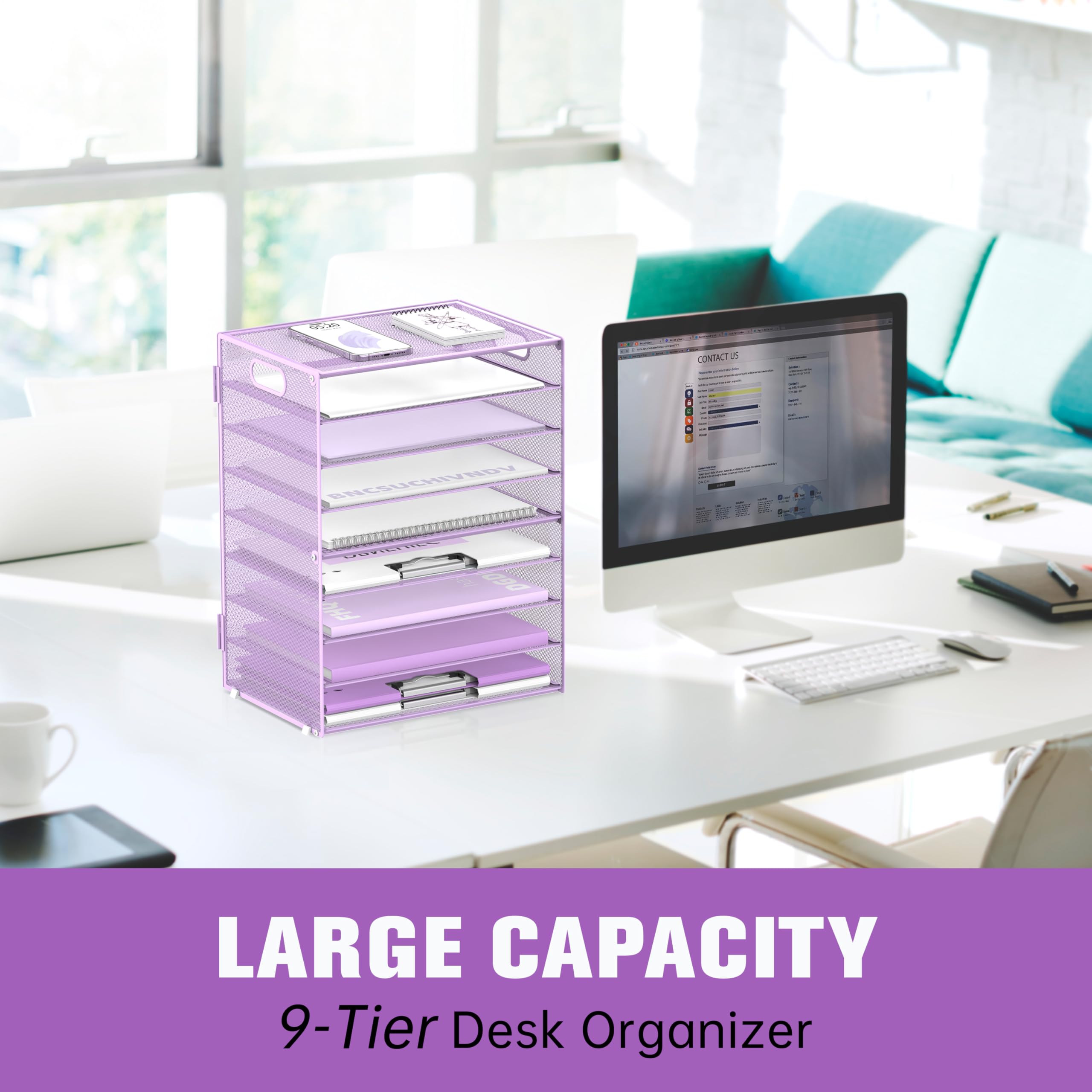 SUPTIDY 9-Tier Paper Letter Tray Desk Organizer with Handles, Mesh File Holder Organization - Image 4