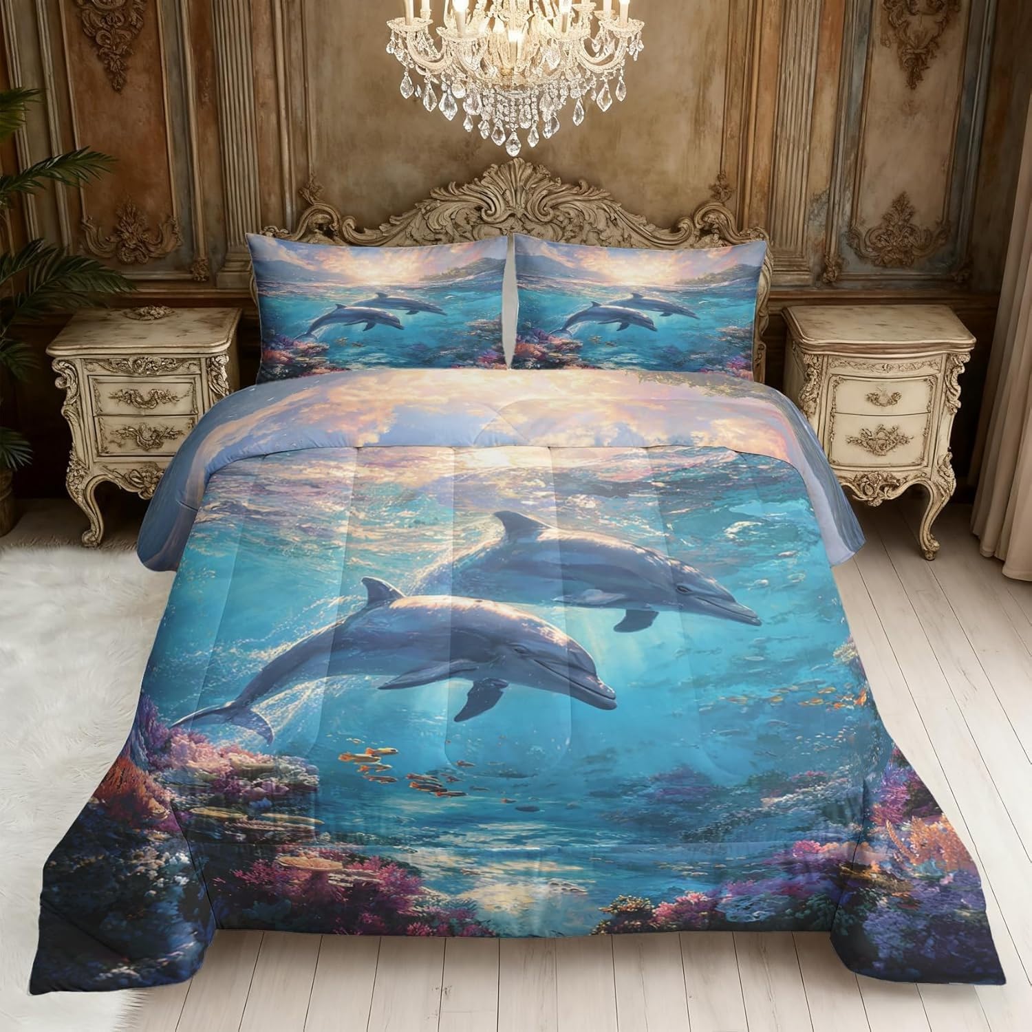 Couette 140x200 Enfant Dauphins imprimée avec 2 taies d'oreiller microfibre