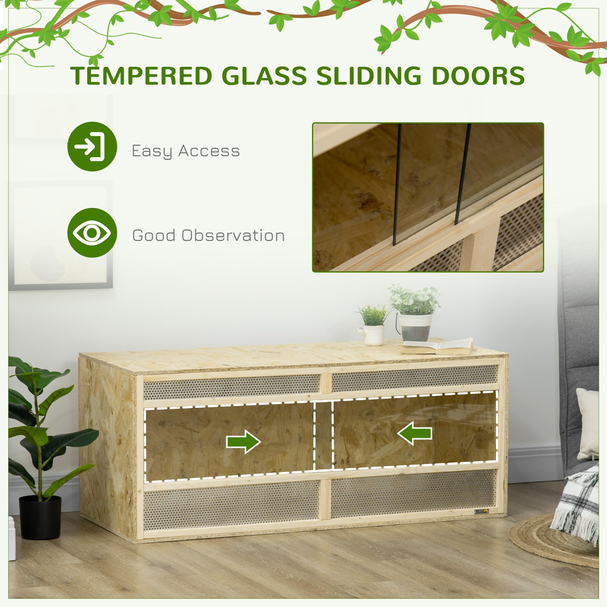PawHut - Terrario de Madera OSB para Reptiles con Puerta corredera de Cristal, 120 x 50 x 50 cm