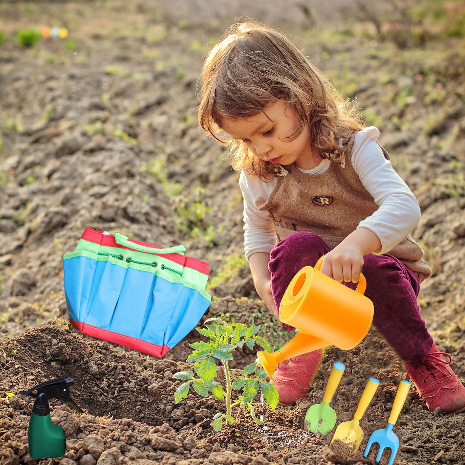 Set di attrezzi da giardinaggio per bambini, 23 attrezzi da giardinaggio, guanti da giardino per bambini, giocattoli per bambini con annaffiatoio pala rastrello, vanga, grembiule, giocattolo da