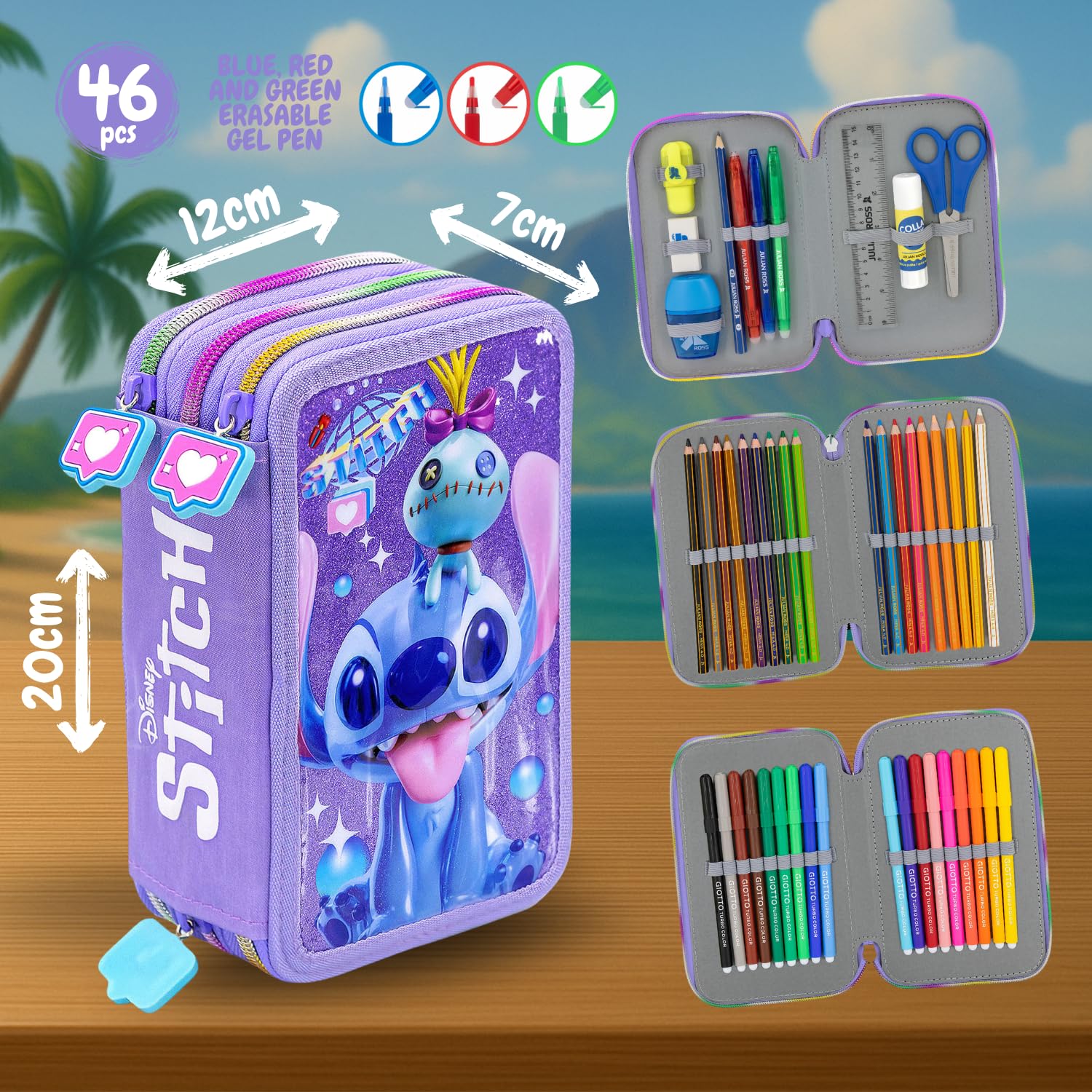 Clondo Astuccio Scuola 3 Scomparti Completo Stitch Fan 46 Accessori Kit Cancelleria Penne Gel Cancellabili Pennarelli Pastelli Colla Evidenziatore
