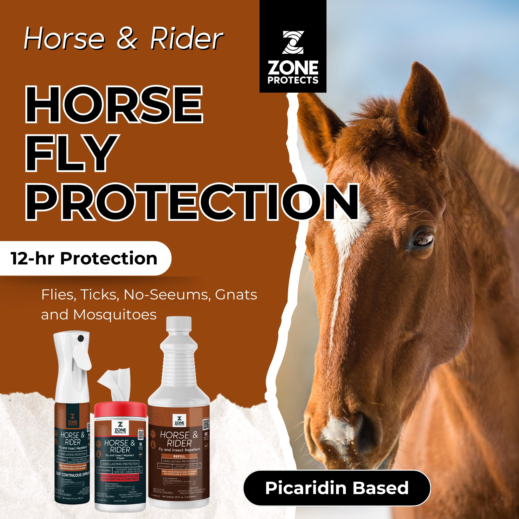 Horse & Rider Fly Insect Repellent Starter Pack – Picaridin 10oz Continuous Spray 32oz Refill 80ct Face Ear Wipes – 12 Hour Protection for Horses Riders Mosquitoes Gnats Ticks - image 5