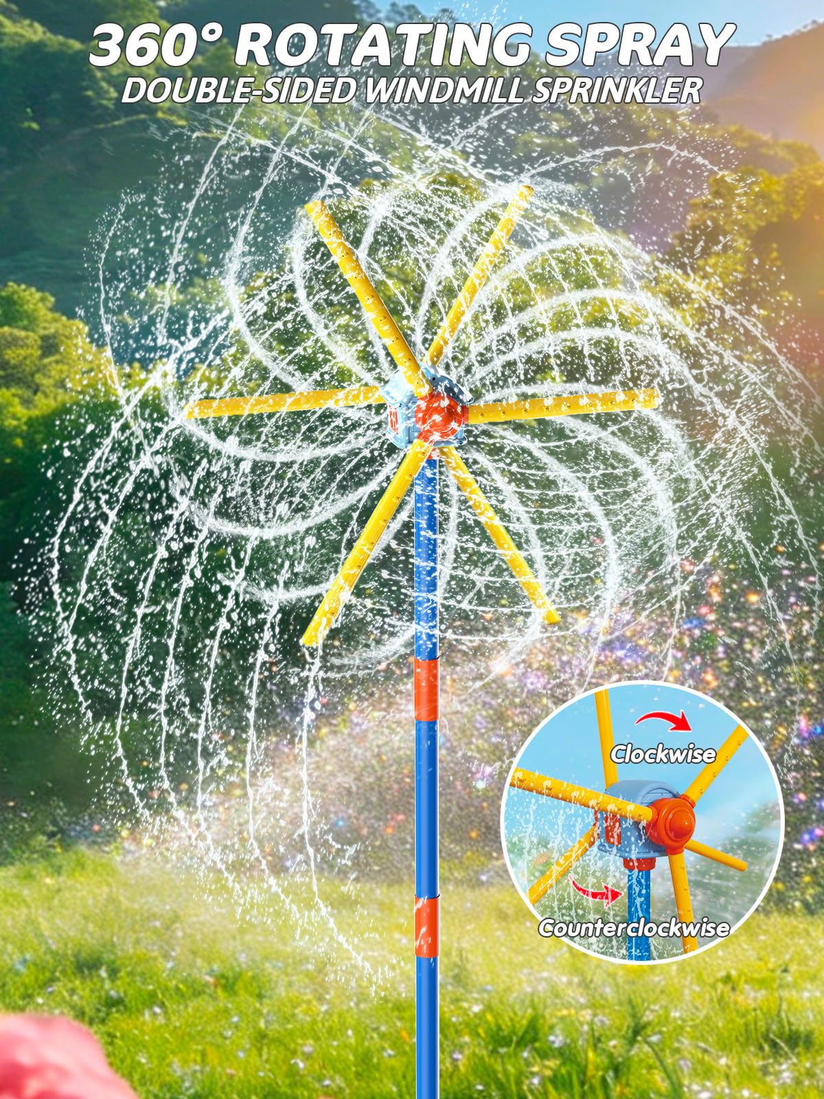 TERRAMUS Arroseur moulin à vent de 150 cm pour enfants Jouets d'été, Jouet d'eau à éclaboussures rotatif à 360°, Double face amélioré avec 6 pales, Jeux d'extérieur en plein air Amusement estival pour