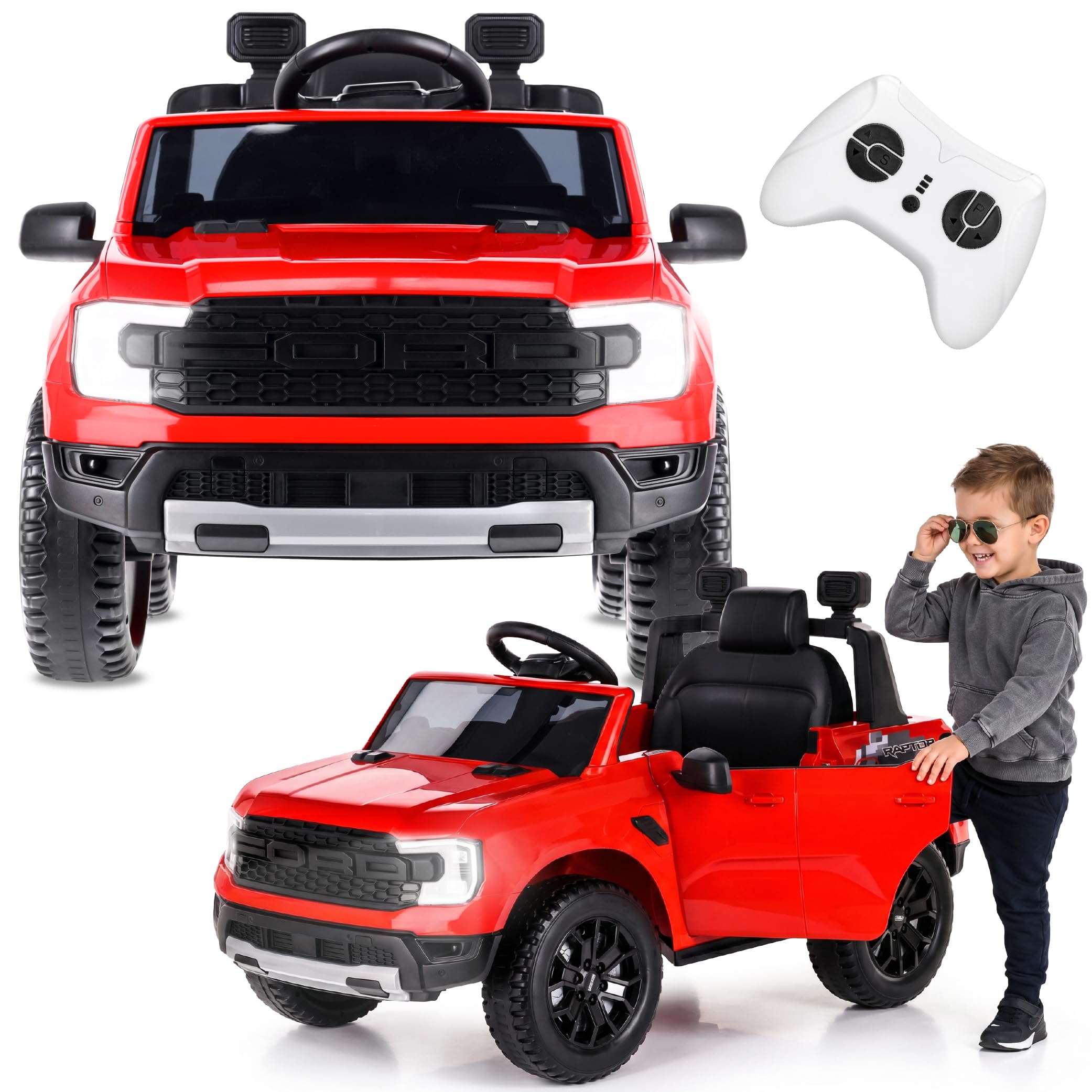 SUN BABY Ford Raptor - Auto Elettrica per Bambini 3-6 Anni, Macchina Elettrica 12V 4,5Ah, Telecomando Genitori, MP3, Luci LED, Sospensioni - Rosso