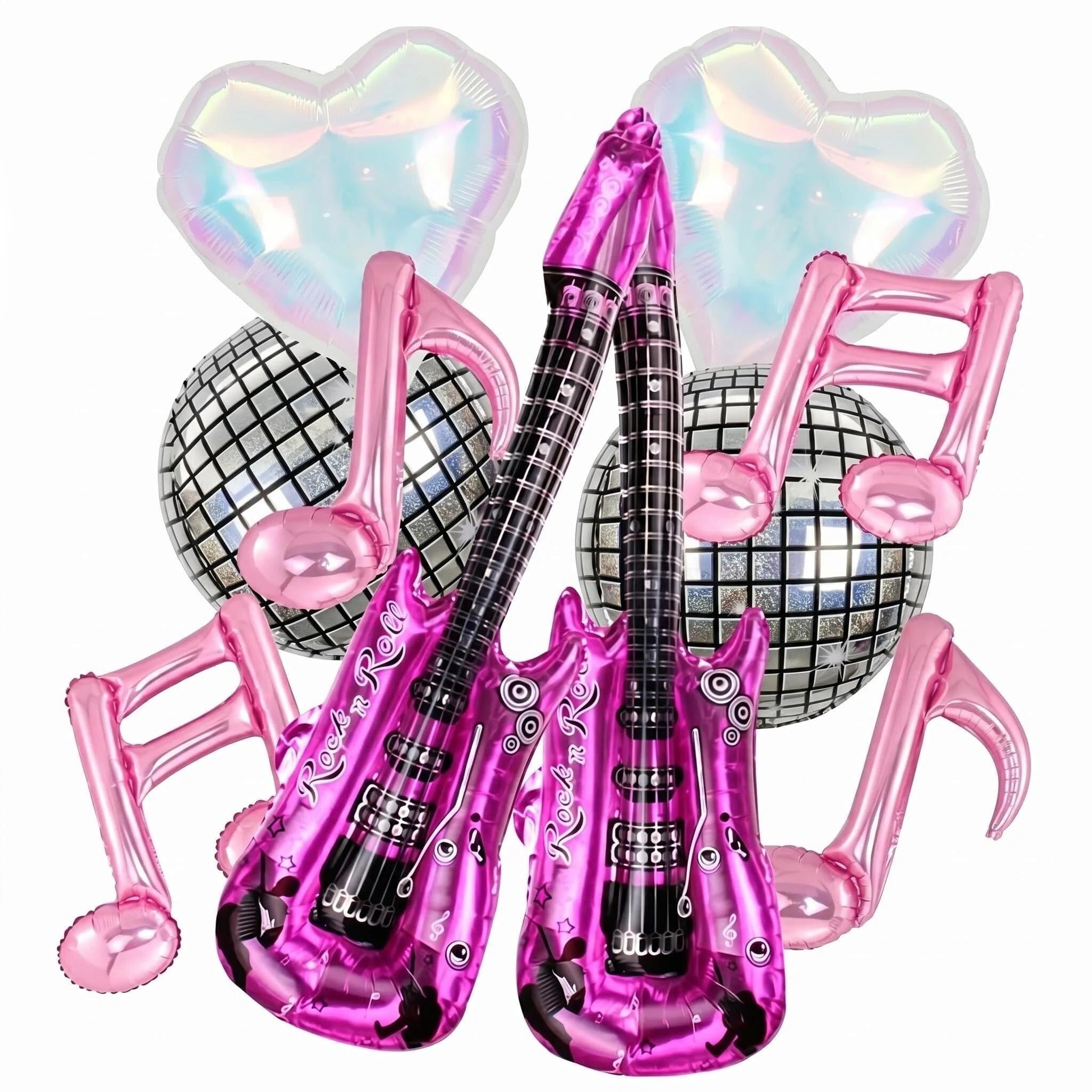 10 Pcs Disco Party Decorations Balloons Set, Pink Music Note & Guitar Foil Balloons, 4D Shining Colourful Disco Balloons for 80s Rock&Roll Dancing Queen Party Concert Dance Birthday (Pink-10Pcs)