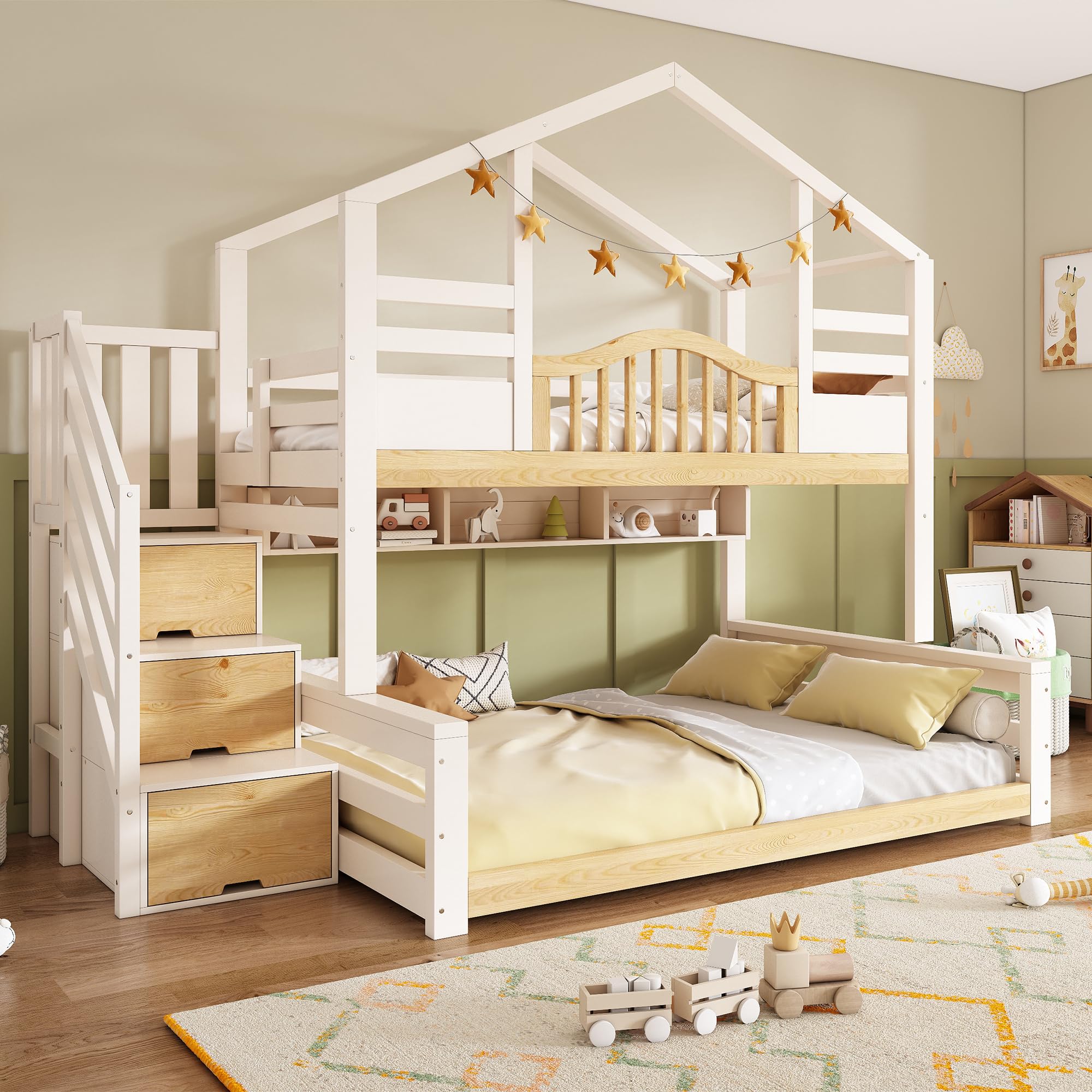 Hochbett Etagenbett 90x200cm&140x200cm mit Treppenschrank, Kinder Hausbett mit Dach und Geländer, unteres Bett mit drei offene Regale, Kinderbett für 2 Kinder, Massivholz (Weiß&Natur, 90/140 x 200 cm)