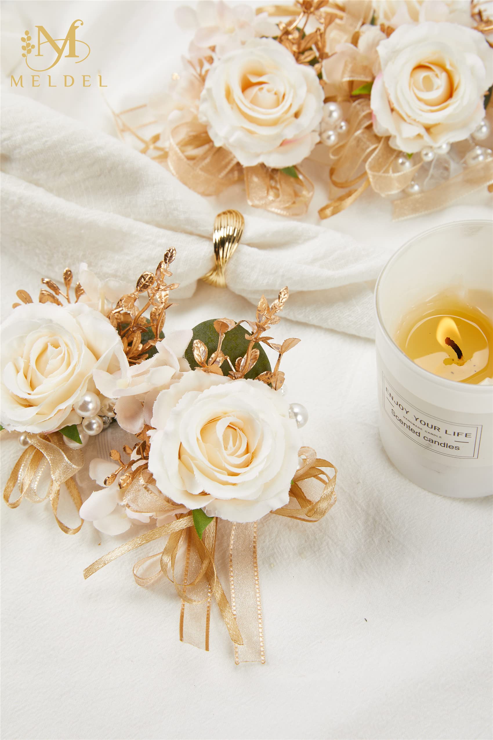 Meldel Artificial Champagne Rose Wrist Corsages Set 6Pcs for Wedding Party