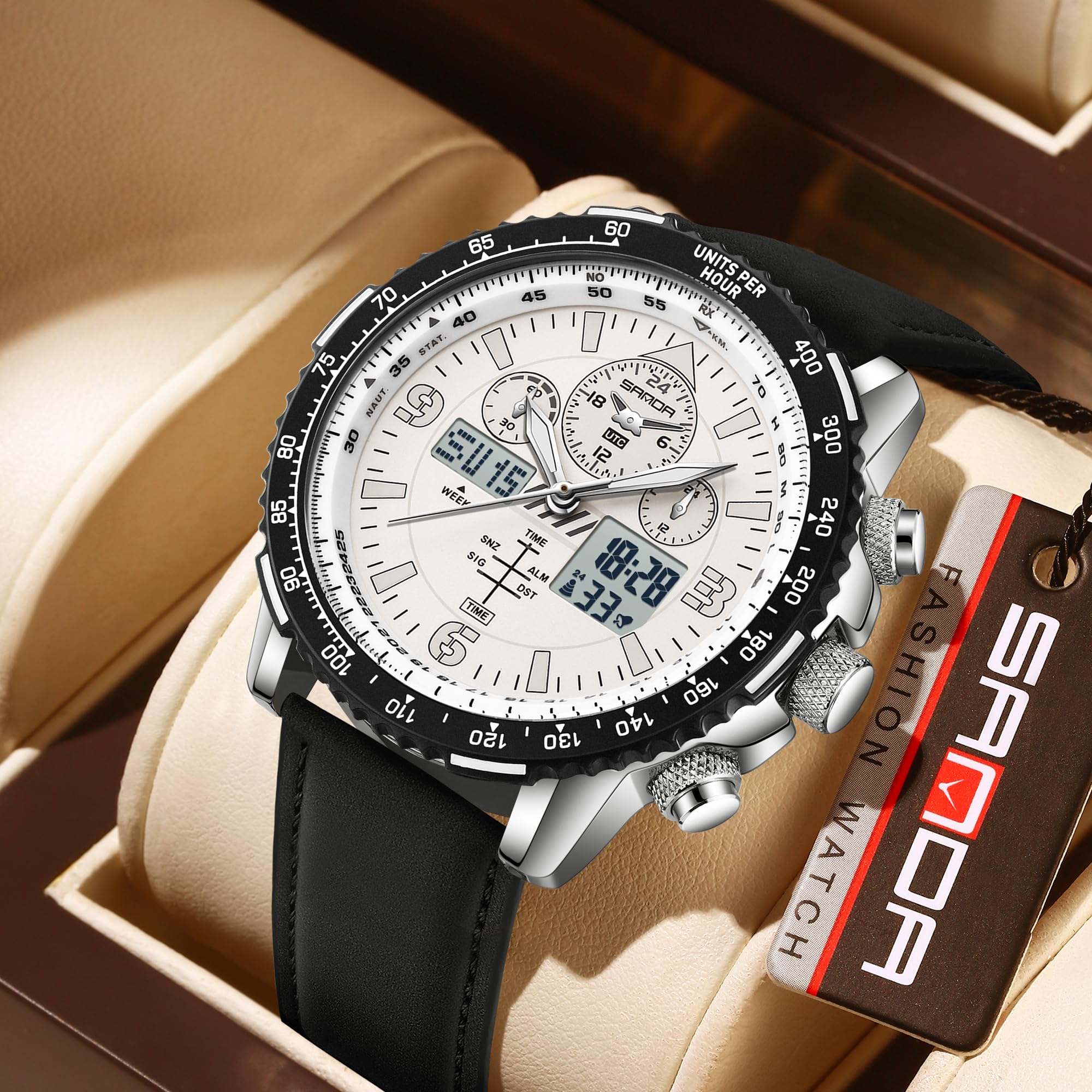 Gosasa Orologio analogico digitale al quarzo da uomo casual con cinturino in pelle