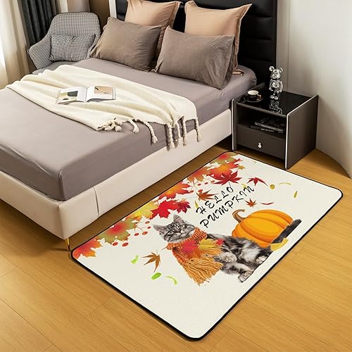 Miniatura 5 de Alfombra decorativa de otoño con diseño de calabaza y gato, alfombra de sala de estar, hojas de arce, para interiores, para niños, niños, niñas,