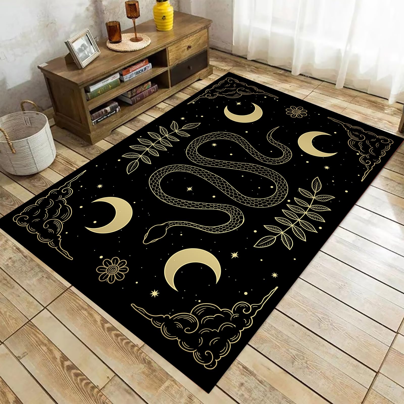 Snake Rug for Living Room,3'x5' Non Slip Gothic Rug for Bedroom,Black Cool Printed Moon Rug Home Decor