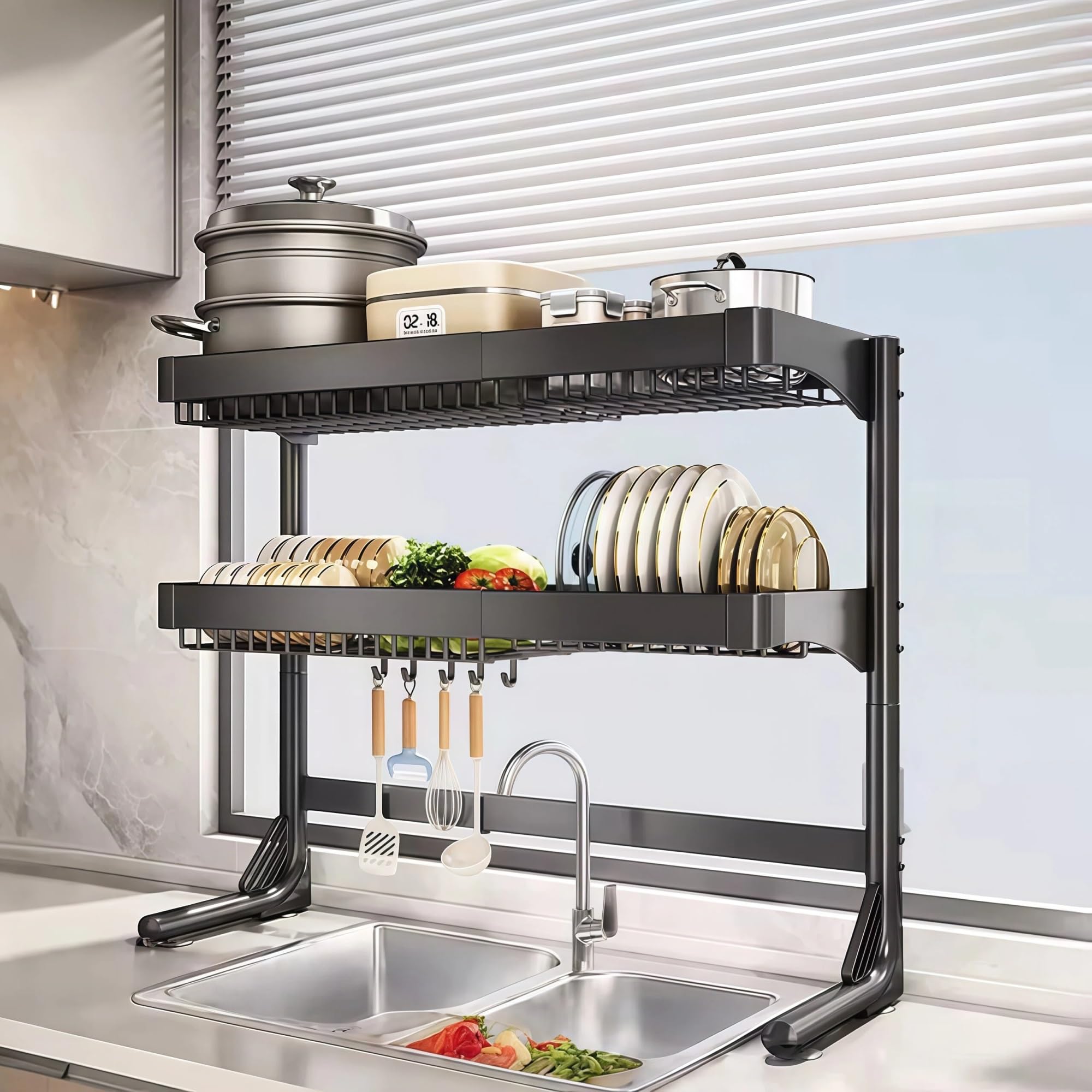 Porta Stoviglie per Lavello Cucina | Scolapiatti Multifunzione a 2 Piani con Ganci e Contenitori Modulari(Black)