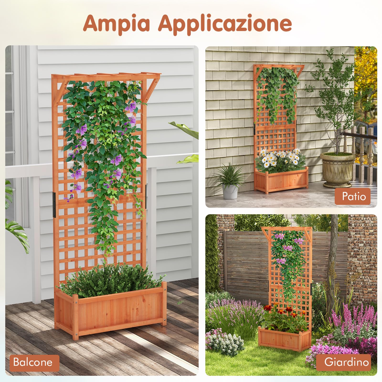 COSTWAY Fioriera da Esterno con Grigliato e Tettuccio, Letto Rialzato in Legno con Fori di Scarico, Aiuola Rialzata con Spalliera per Piante Rampicanti Viti e Fiori, 75 x 33 x 182,5 CM