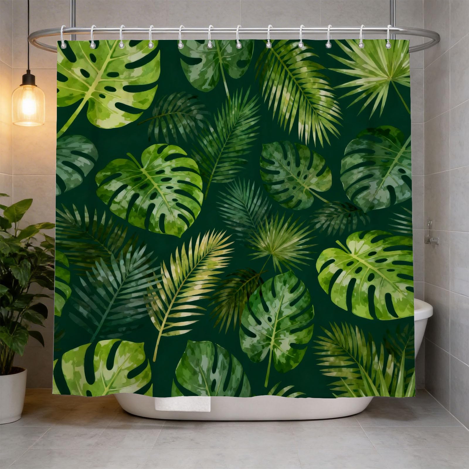Hongduo 3D Monstera Palm Leaf Shower Curtain for Stalls Bathtubs Green Leaf Bathroom Decor Shower Curtain Set Polyester Fabric Waterproof 200x200cm/79X79 Inch with Hooks