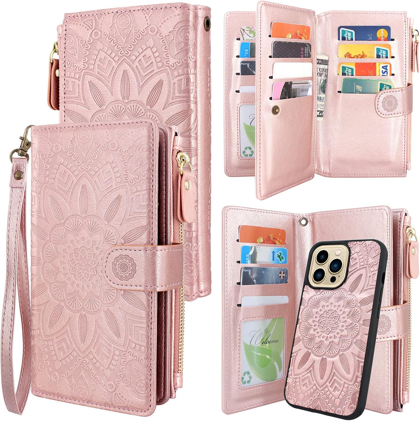 Harryshell Compatible with iPhone 13 Pro 6.1 inch 5G 2021 Wallet Case Detachable Magnetic Cover Zipper Cash Pocket Multi Card Slots Holder Wrist Strap Lanyard Floral Flower (Light Brown)