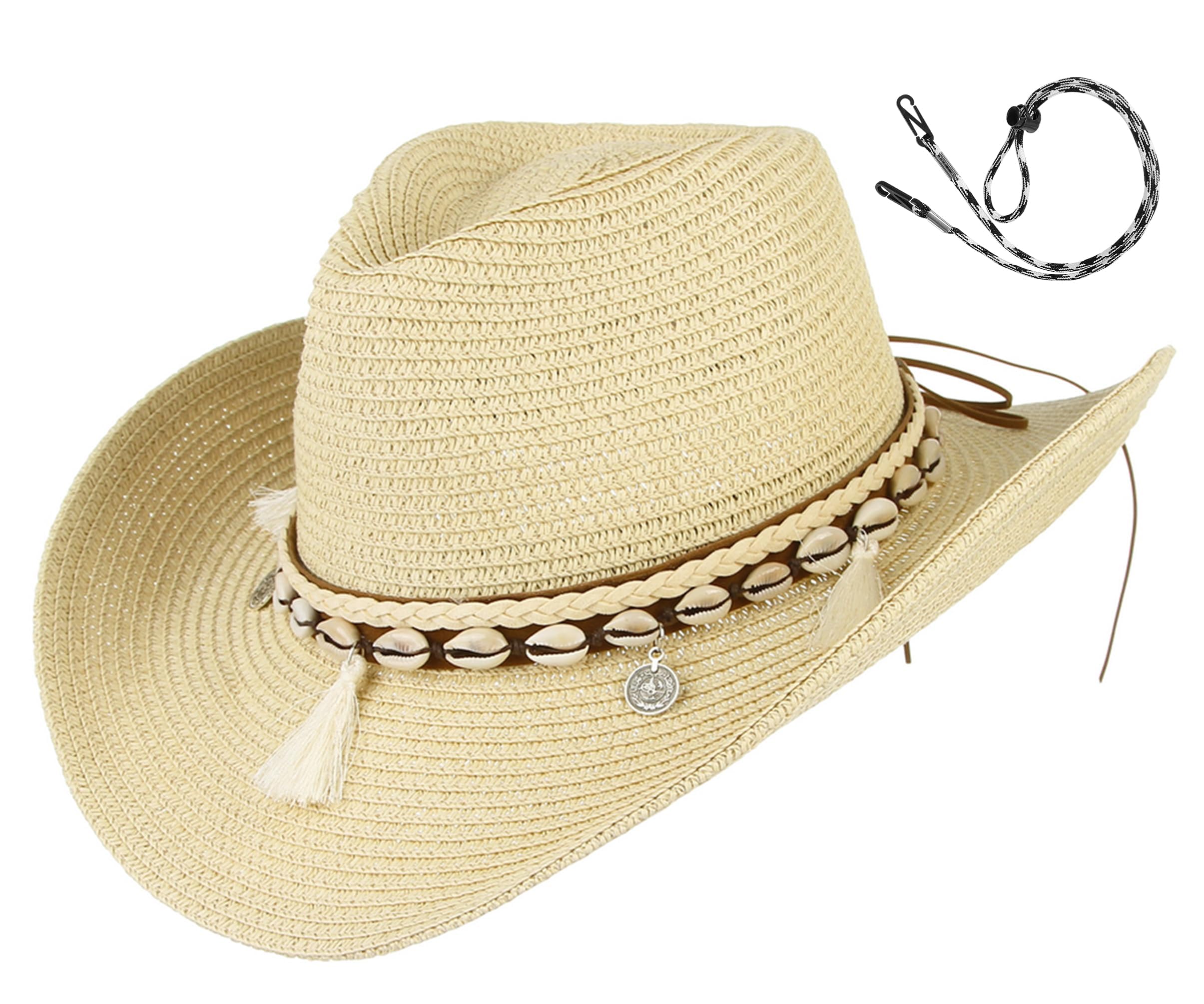 GEMVIE Women's Summer Straw Cowboy Cowgirl Hat Sun Hats Wide Brim Beach Holiday Straw Hat with Shell Band Beige